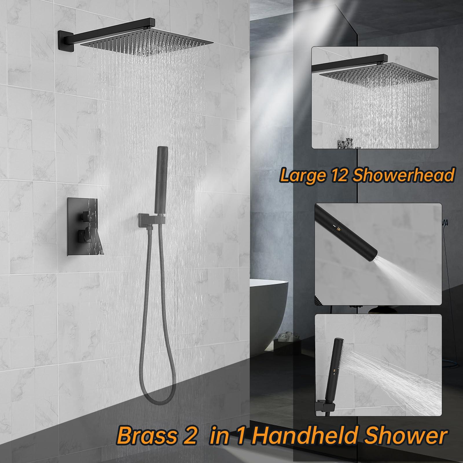 Hoimpro 12 Inch Shower Head System Set Bathroom Rain Mixer Shower Head 2 In 1 Handheld Sprayer Wall Mounted, Square Rainfall Shower Faucet Fixture Combo Valve Kits Brass Showerhead, Matte Black - Image 4