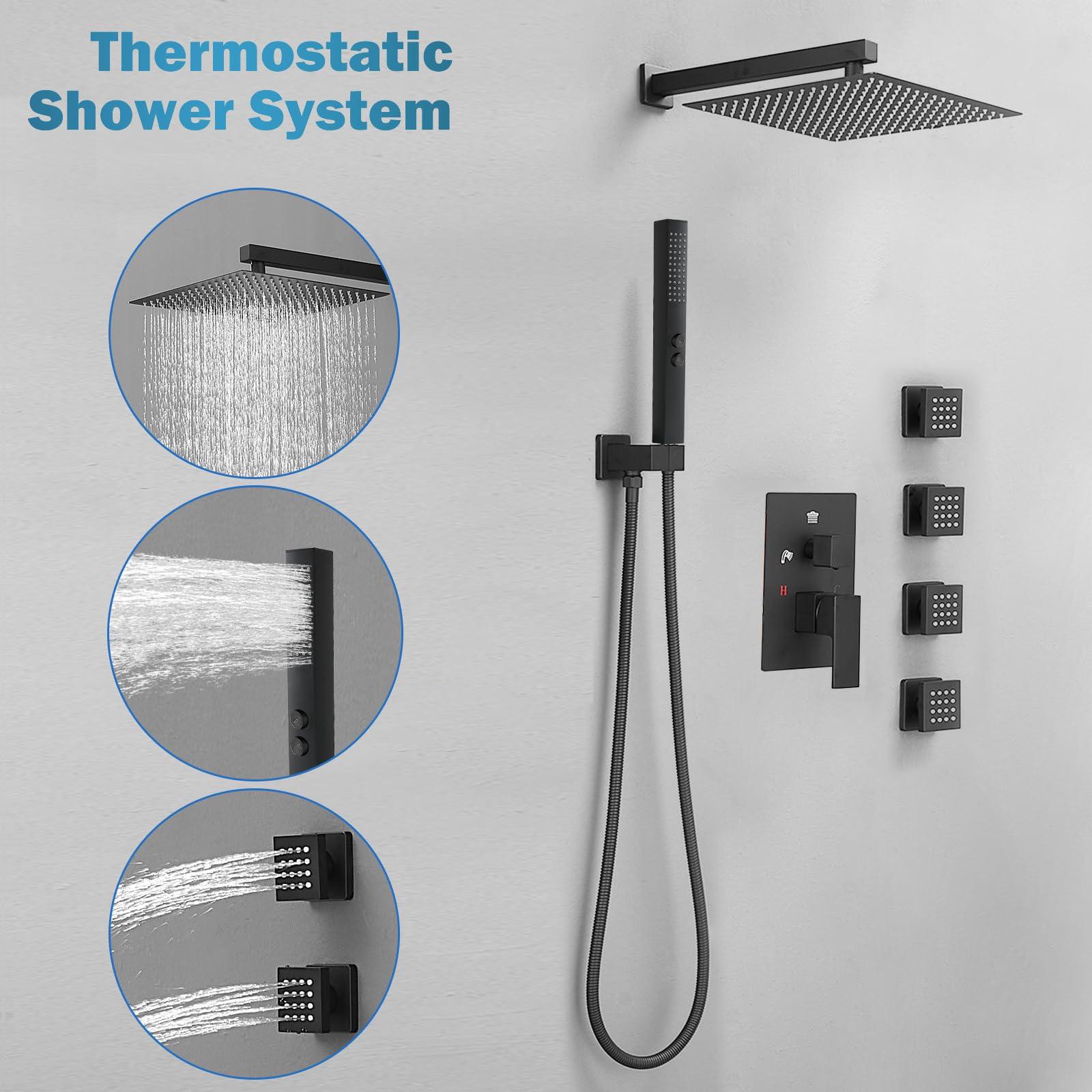 RUMOSE Rainfall Shower System with 4 Full Body Jet 4 Mode Shower Faucet Set with 12 Inch Rain Shower Head and 2 in 1 Handheld Spray, Matte Black Brass Shower Jet Shower Fixtures, Wall Mounted - Image 9