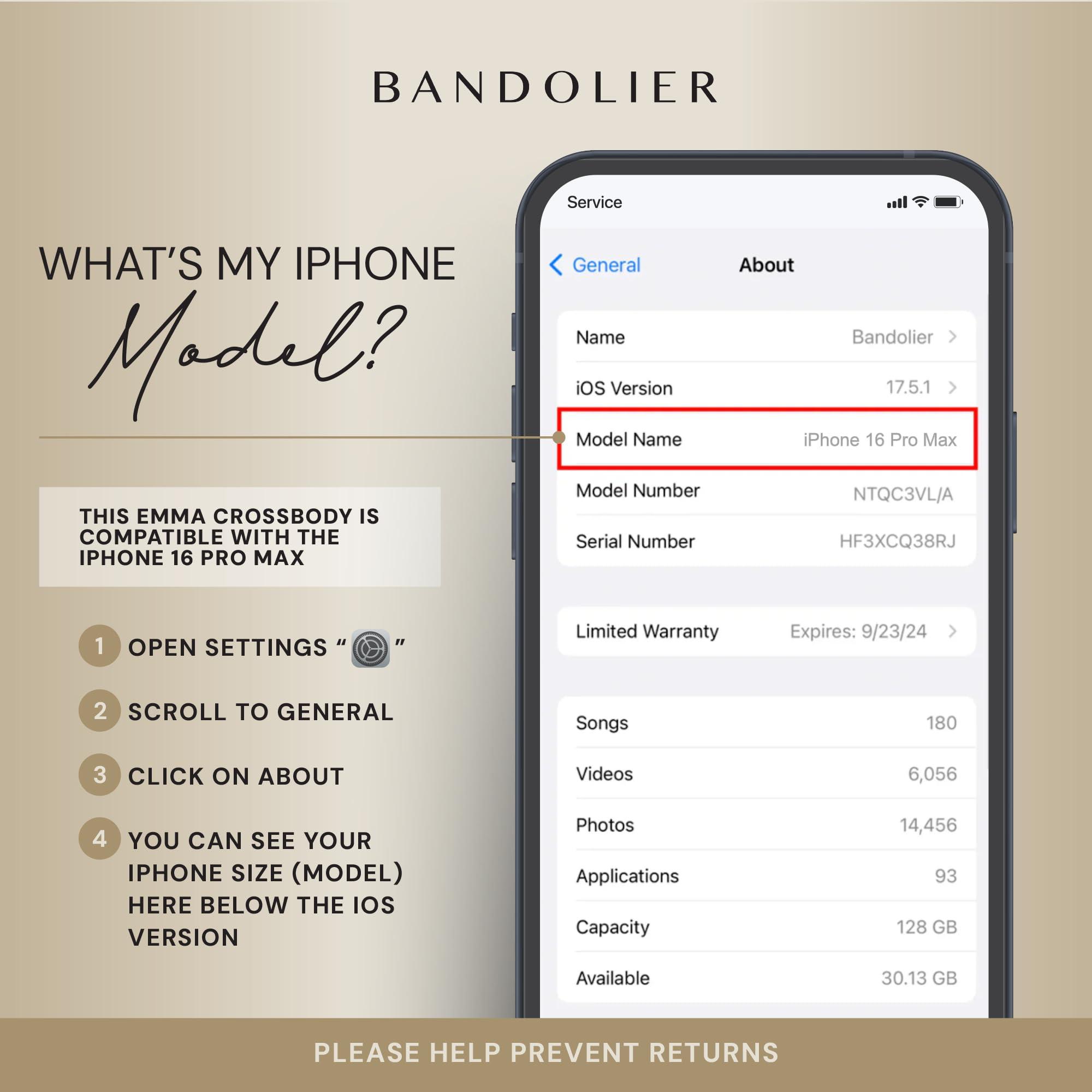 Bandolier Emma Crossbody Wallet Phone Case for iPhone 16 Pro Max. 100% Genuine Pebble Leather. Adjustable & Removable Crossbody Strap. Card Holder with Snap Closure. Black with Pewter Hardware - Image 3