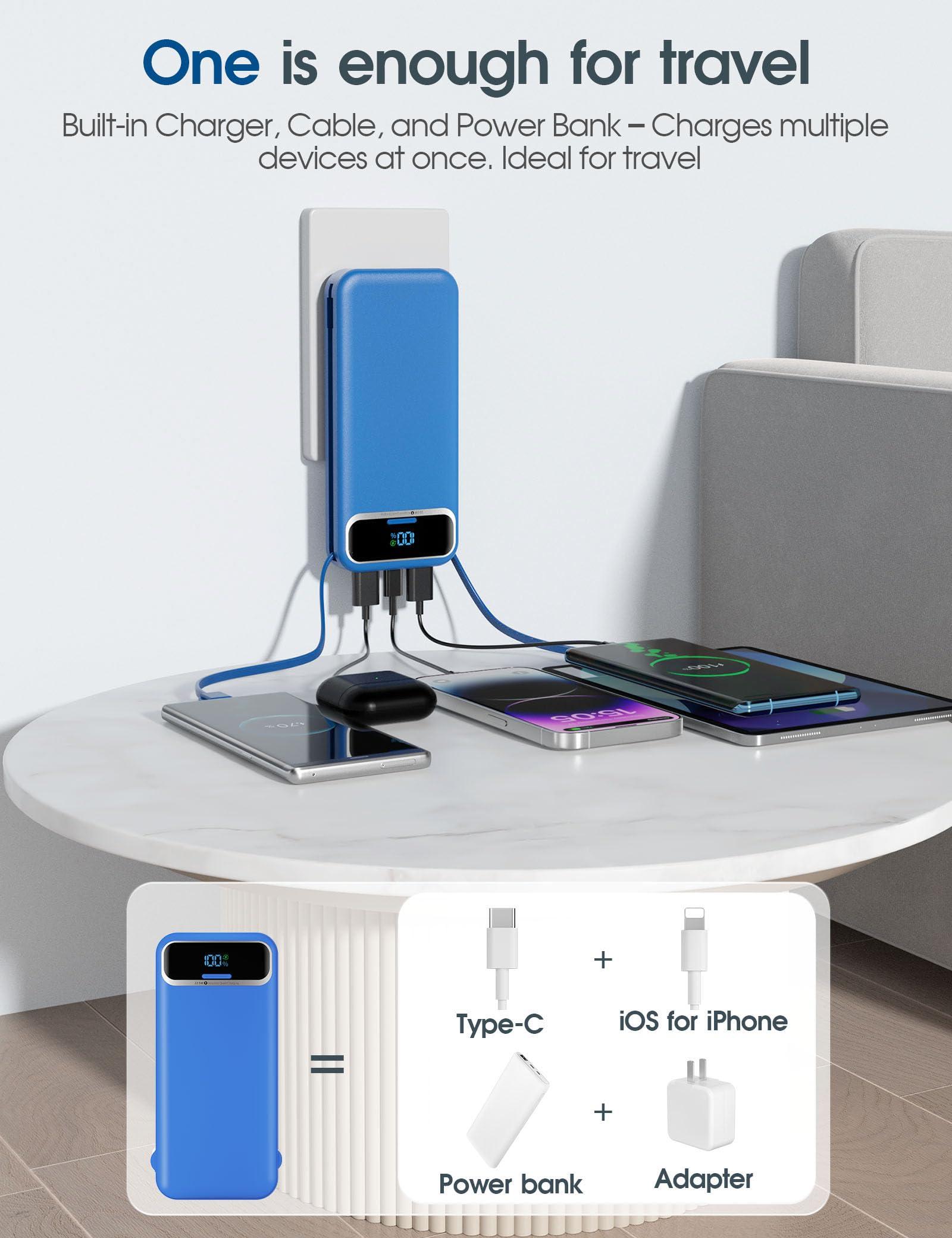 Portable-Charger Power-Bank with Built-in Cables & AC Wall Plug - 12000mAh PD 20W Fast Charging for iPhone,Samsung,Android, USB-C,Rechargeable External Battery Pack for Cell Phone,Type C,Travel Navy - Image 2