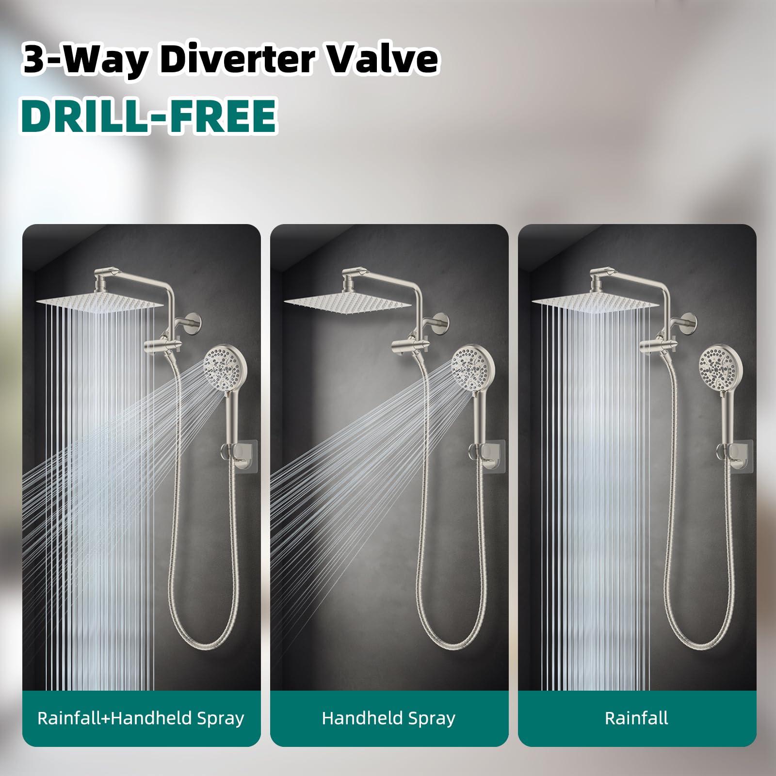 Hygie Rinse 10" All Metal Shower Head Combo, High Pressure 10-Spray Handheld Showerhead Rainfall Shower Head, 71" Long Hose, 3-Way Diverter Valve, Brushed Nickel - Image 5