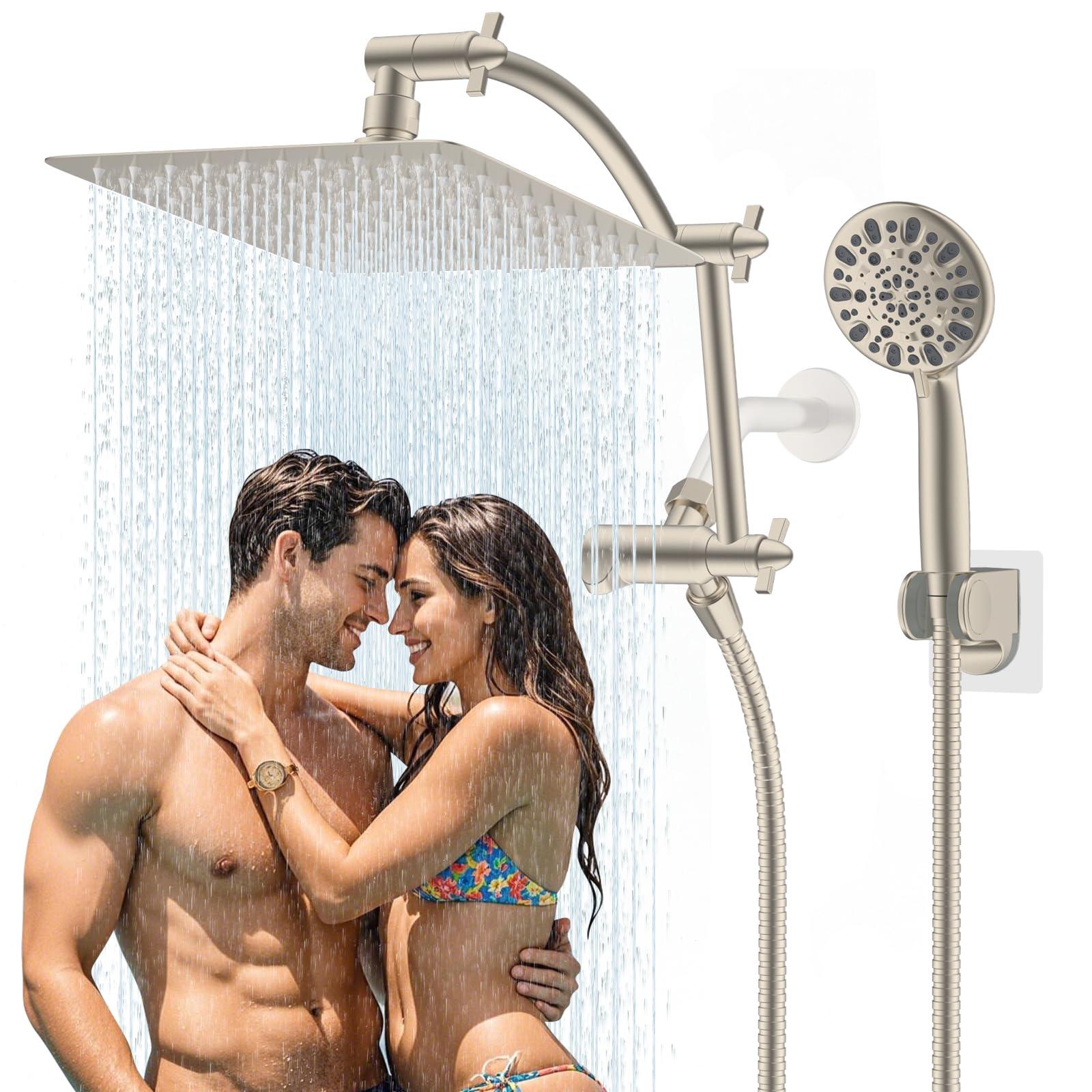 Hibbent All Metal Shower Head,10'' High Pressure Rain Shower Head/Handheld Showerhead Combo with 16'' Adjustable Shower Extension Arm, 7-Spray, 71'' Hose Adhesive Showerhead Holder, Brushed Nickel