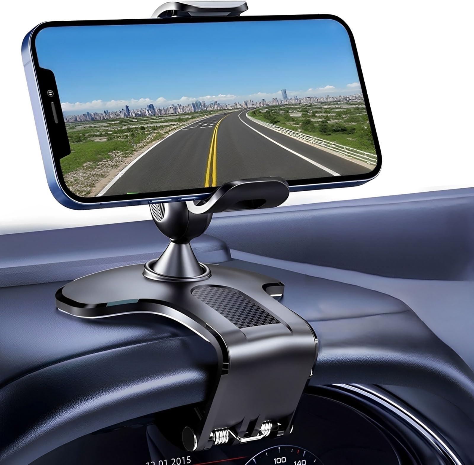 ushemi 【The Safest】 Car Dashboard Phone Clip Holder, 360 Degree Rotation Dash Multifunctional Car Dashboard Mobile Phone Holder Mount Stand Compatible with 4-7 Inch Smartphones