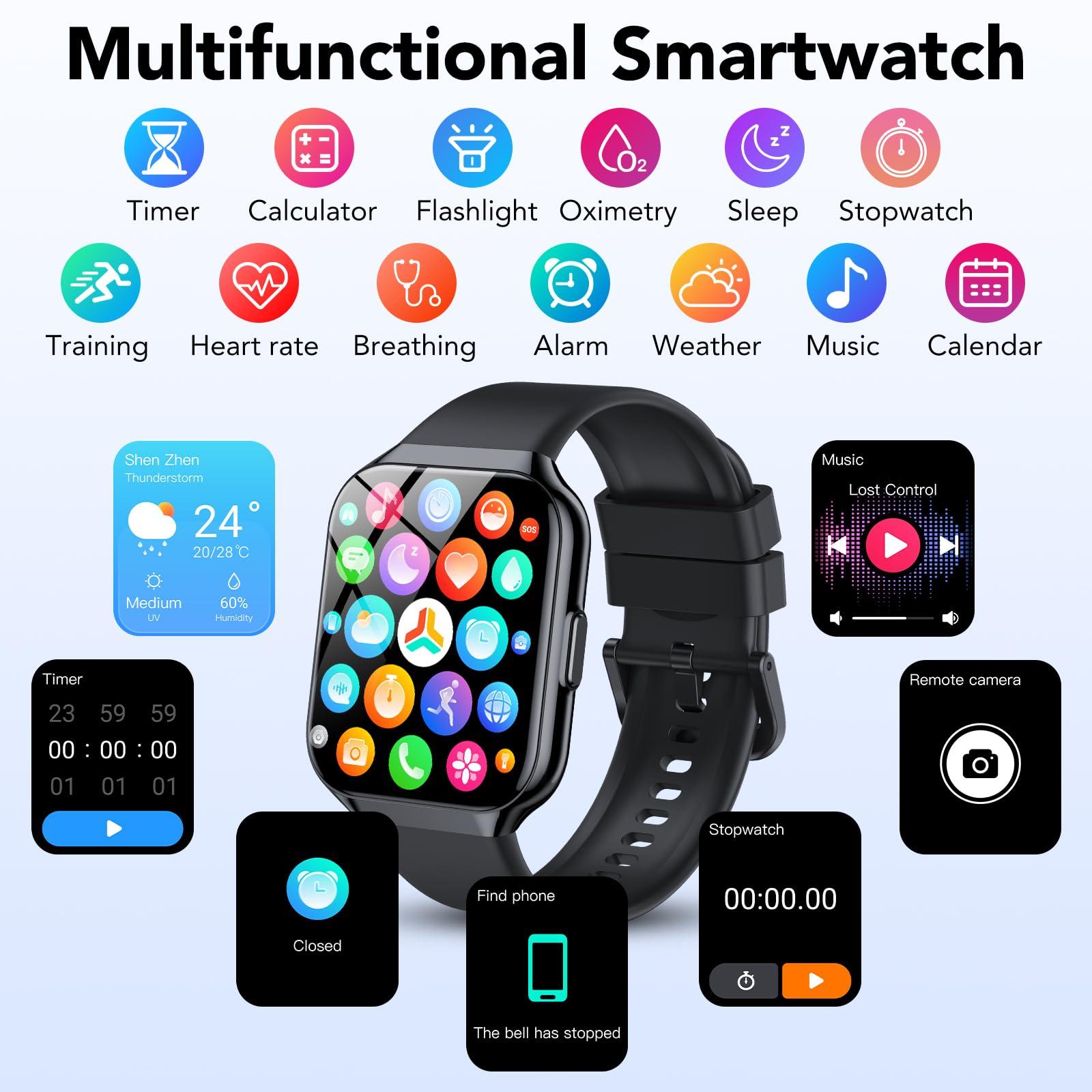 Smart Watch for Men Women, 1.96" Smartwatch (Answer/Make Call), IP68 Waterproof Fitness Tracker, 112+ Sport Modes, Heart Rate and Sleep Monitor, Pedometer, Smartwatches for Android iOS,Black - Image 3