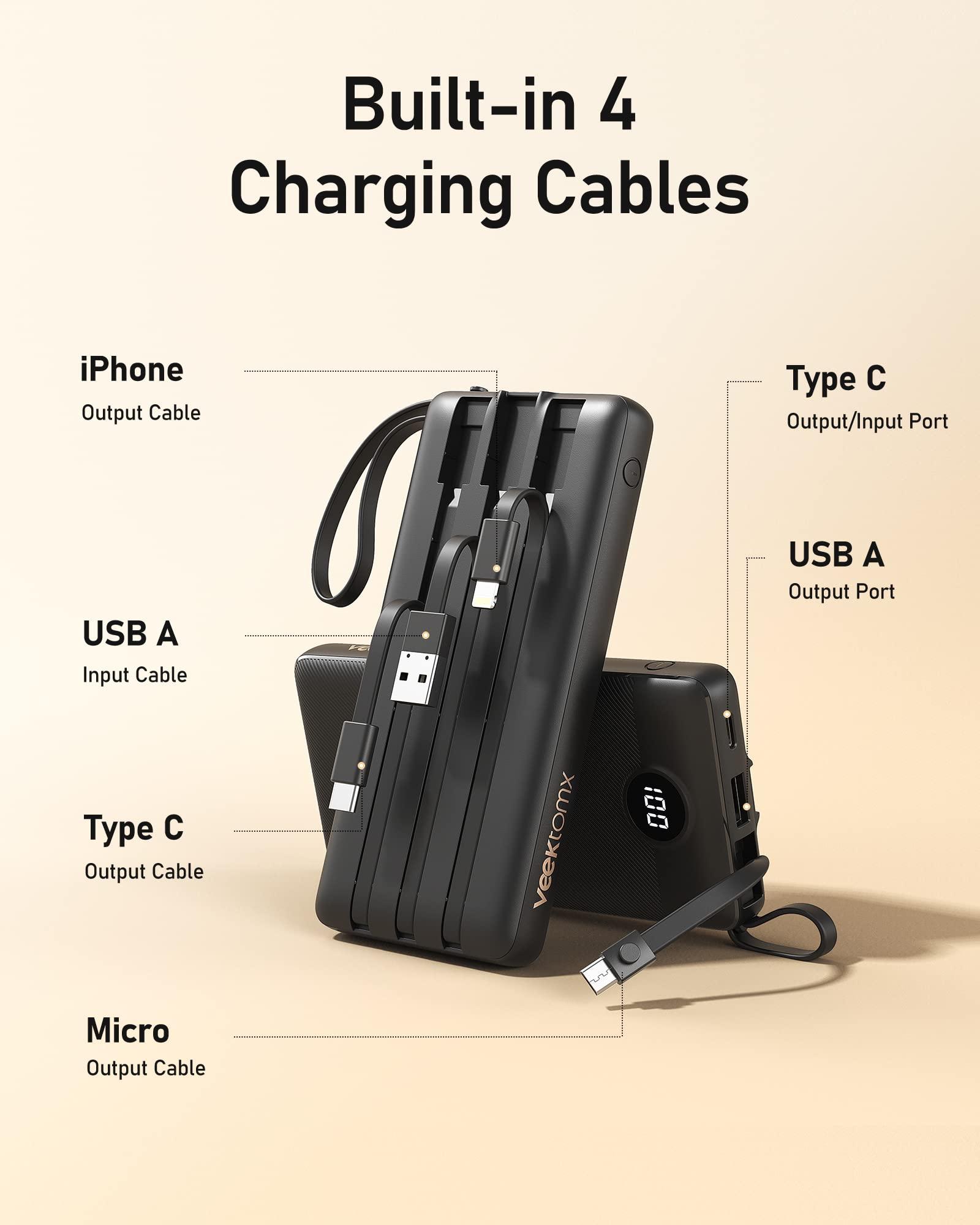 VEEKTOMX Portable Charger with Built-in Cables 10000mAh Power Bank for iPhone Slim Fast Charge USB C Battery Pack Travel Essentials Powerbank Compatible with iPhone, Samsung, Android, etc - Image 2