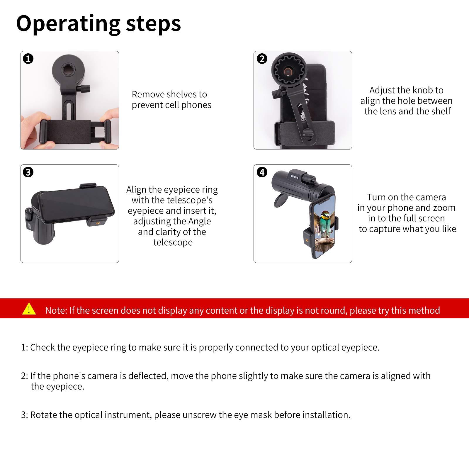 LUXUN Universal Cell Phone Photography Adapter Smart Phone Adapter Mount-Quick Smartphone Adapter Holder Clip Bracket for Binoculars Telescope Monocular Spotting Scope Microscope Accessories - Image 3