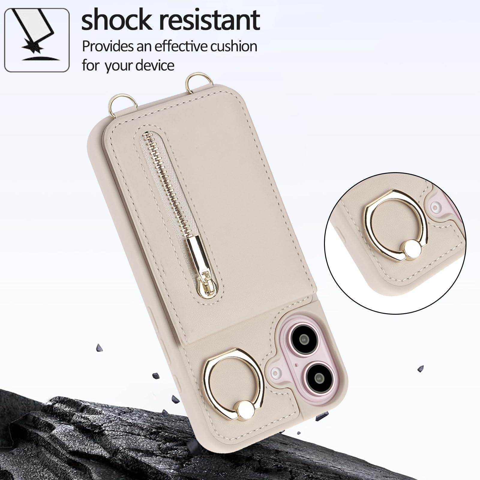 Jcxtrombulous Crossbody Wallet Case for iPhone 16 with Lanyard Strap Card Slot Holder RFID Blocking 360° Ring Kickstand,Magnetic Flip Folio Zipper Purse Case, PU Leather Cover Handbag,Beige - Image 4