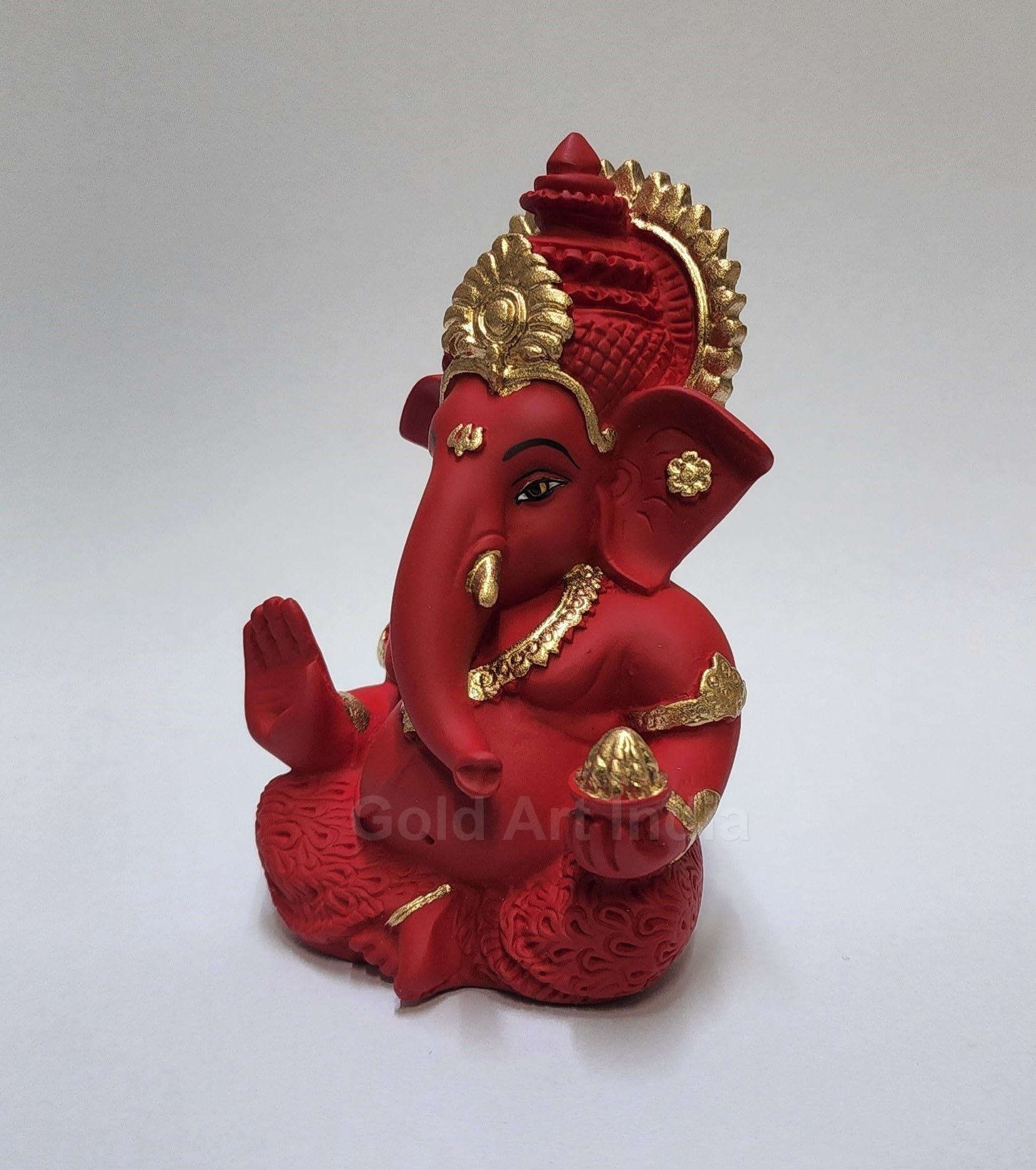 Gold Art India Mukut Ganesha Idol for Car Dashboard Maroon Red and Gold Small Ganesha Murti Ganpati Idol for Home Decor Puja Lord Ganesh Statue Gift for Office Desk Puja Room Figurine - Image 3