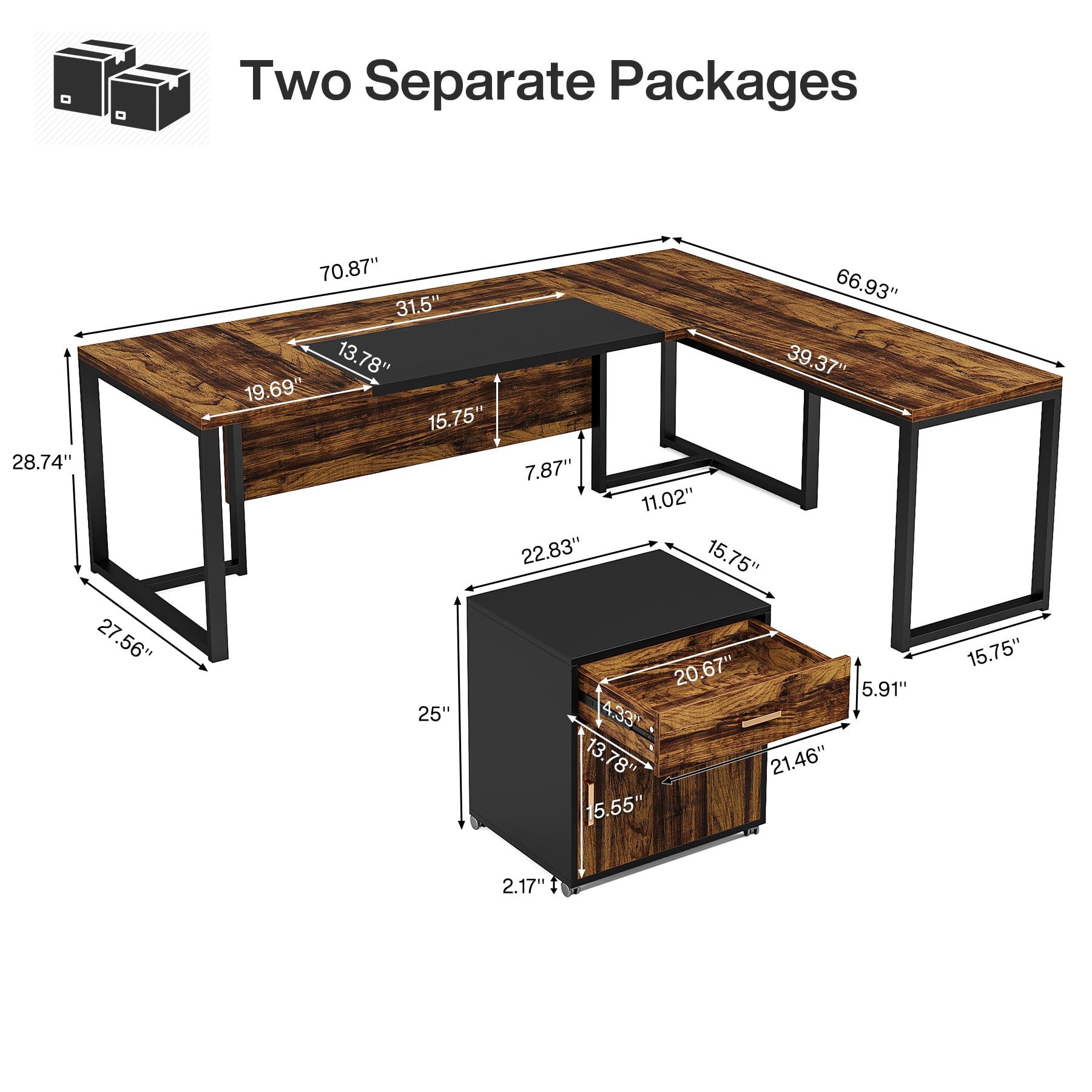 Tribesigns 70.8-Inch Executive Desk with File Cabinet, Large L Shaped Computer Desk with Storage Cabinet, L Shaped Desk with Drawer Cabinet, Rustic Brown & Black - Image 2
