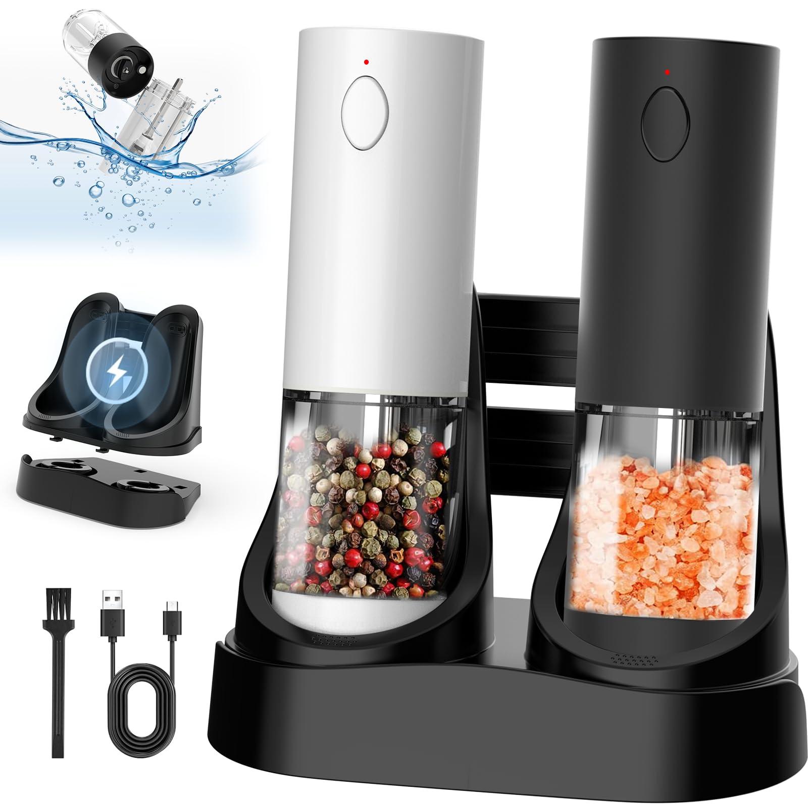 Rechargeable Salt and Pepper Grinder Set, Upgraded Larger Capacity Electric Salt and Pepper Grinder Set with USB Charging Base & White LED Light, 5-Level Adjustable, One-handed Operation, 2 pack