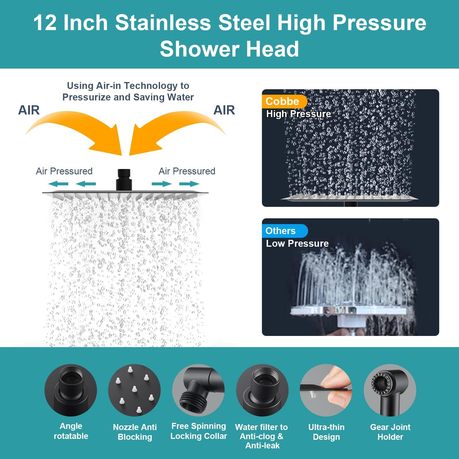 Cobbe 12 Inch All Metal 3-Way Rain Shower Head, High Pressure Shower Head, Dual Shower Heads with Handheld Spray Combo - Upgrade Extension Arm Height Adjustable - 9 Spray Filtered Shower Head, Black - Image 7