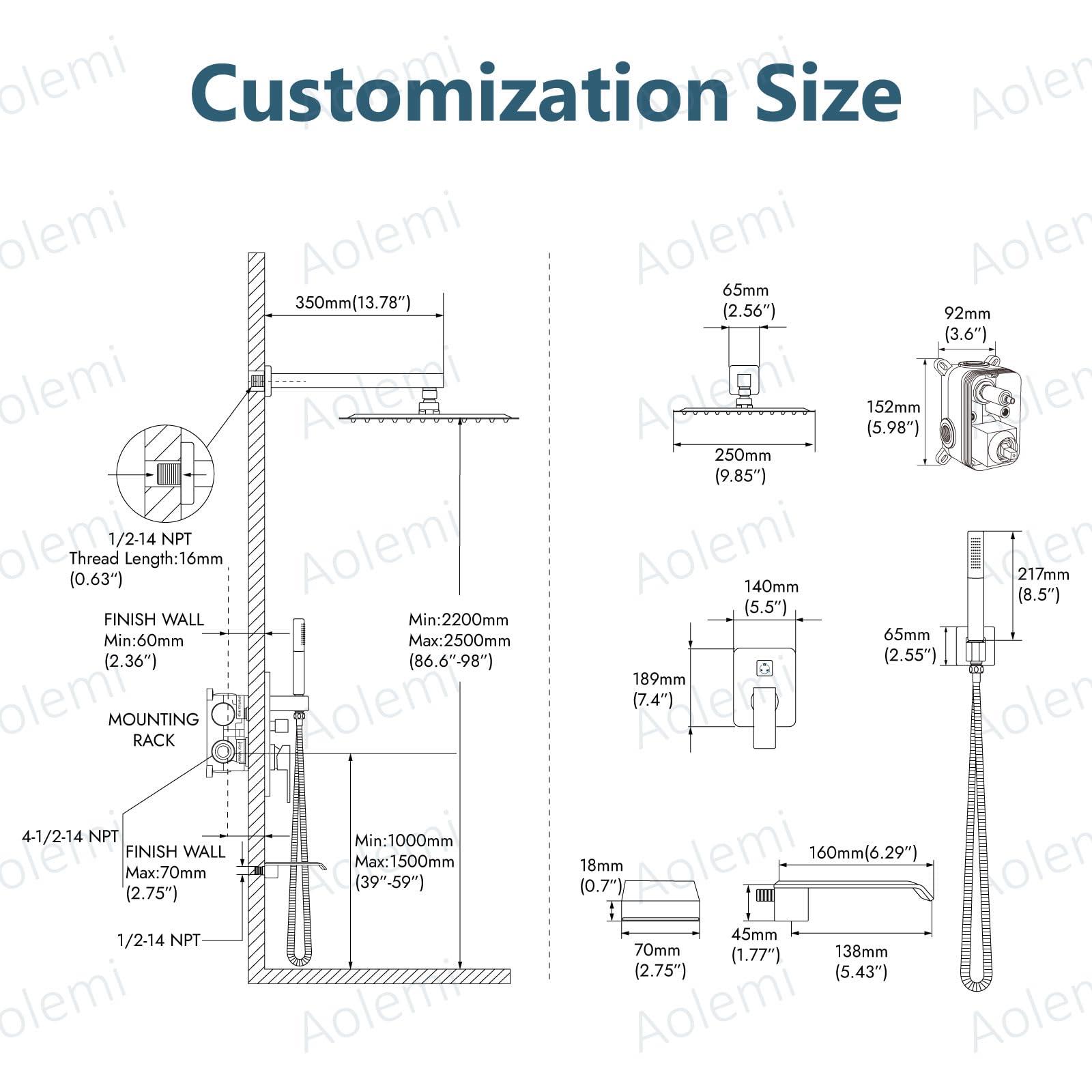 Aolemi 10 Inch Rainfall Shower Tub Faucet Set Wall Mount Tub and Shower Faucet Combo Shower System with 2 in 1 Handheld Sprayer Rough-in Valve Matte Black - Image 7