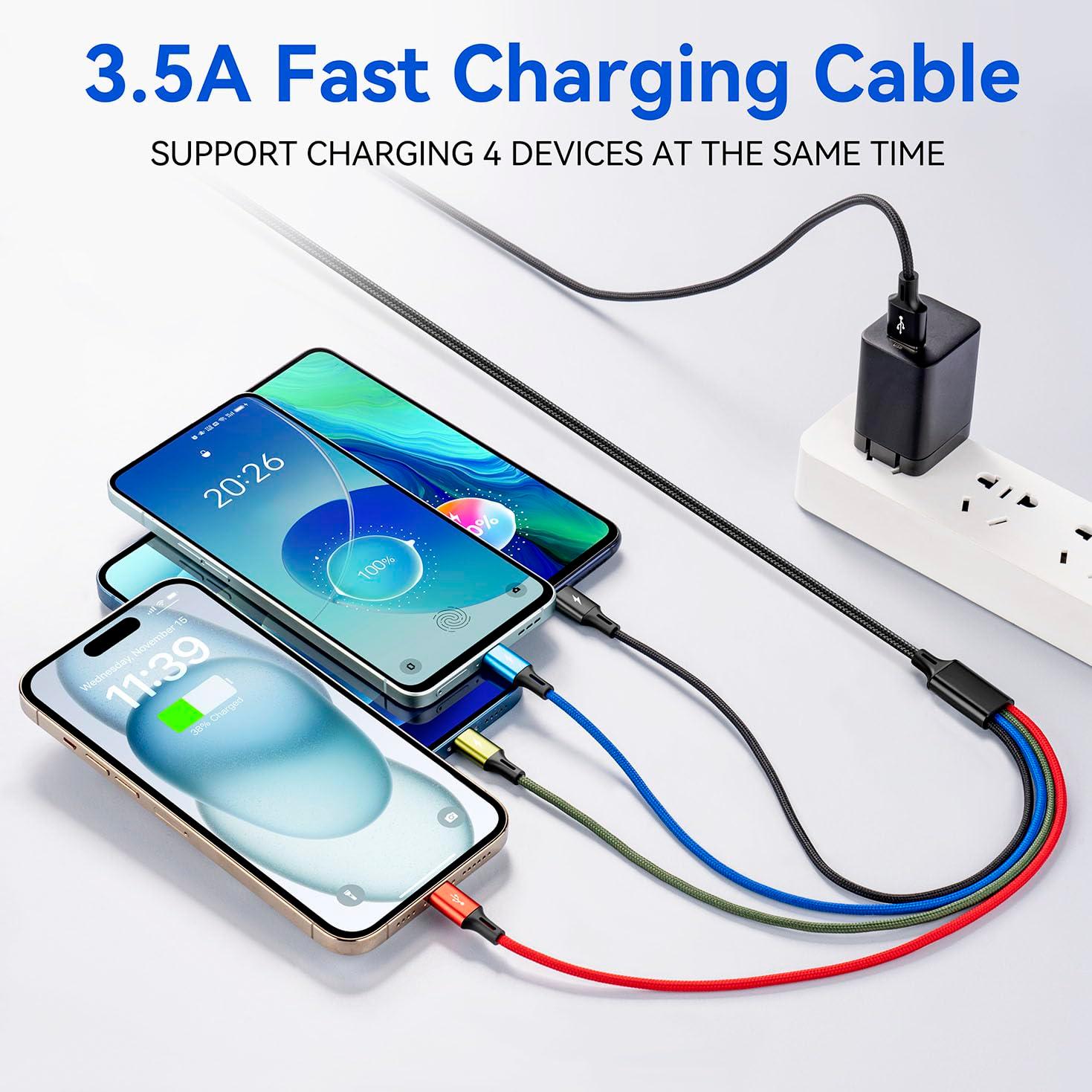 Multi Charging Cable 3.5A Multiple Charger Cable Braided 4 in 1 Multi USB Cable Fast Charging Cord with IP/Type C/Micro Ports for Cell Phones/iPhone Series/Tablets/Samsung Galaxy & More (2Pack 4Ft) - Image 2