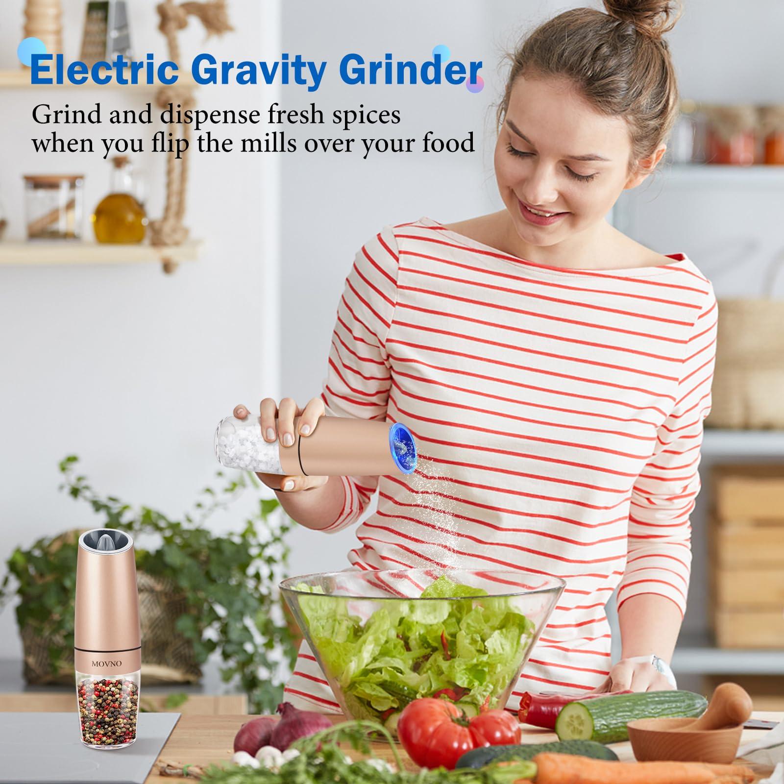 Gravity Electric Salt and Pepper Grinder Set, Battery Powered LED Light One Hand Automatic Operation, Adjustable Coarseness Mill Grinders Shakers Black (C.Gold 2P) - Image 4