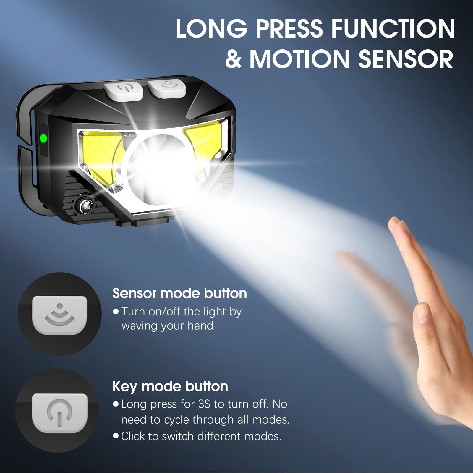 LHKNL Headlamp Flashlight, Lumen Ultra-Light Bright LED Rechargeable Headlight with White Red Light, 2-Pack Waterproof Motion Sensor Head Lamp,8 Modes for Outdoor Camping Running Hiking Fishing - Image 3