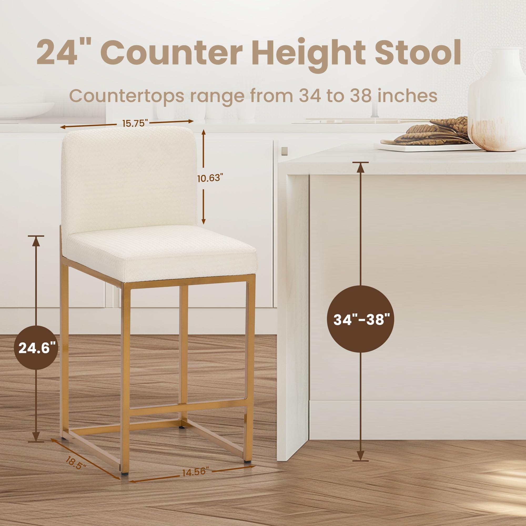 PHI VILLA Bar Stools Set of 3 - Counter Height Bar Stool Leather Stools for Kitchen Counter, White and Gold Bar Stools with Back - Image 2