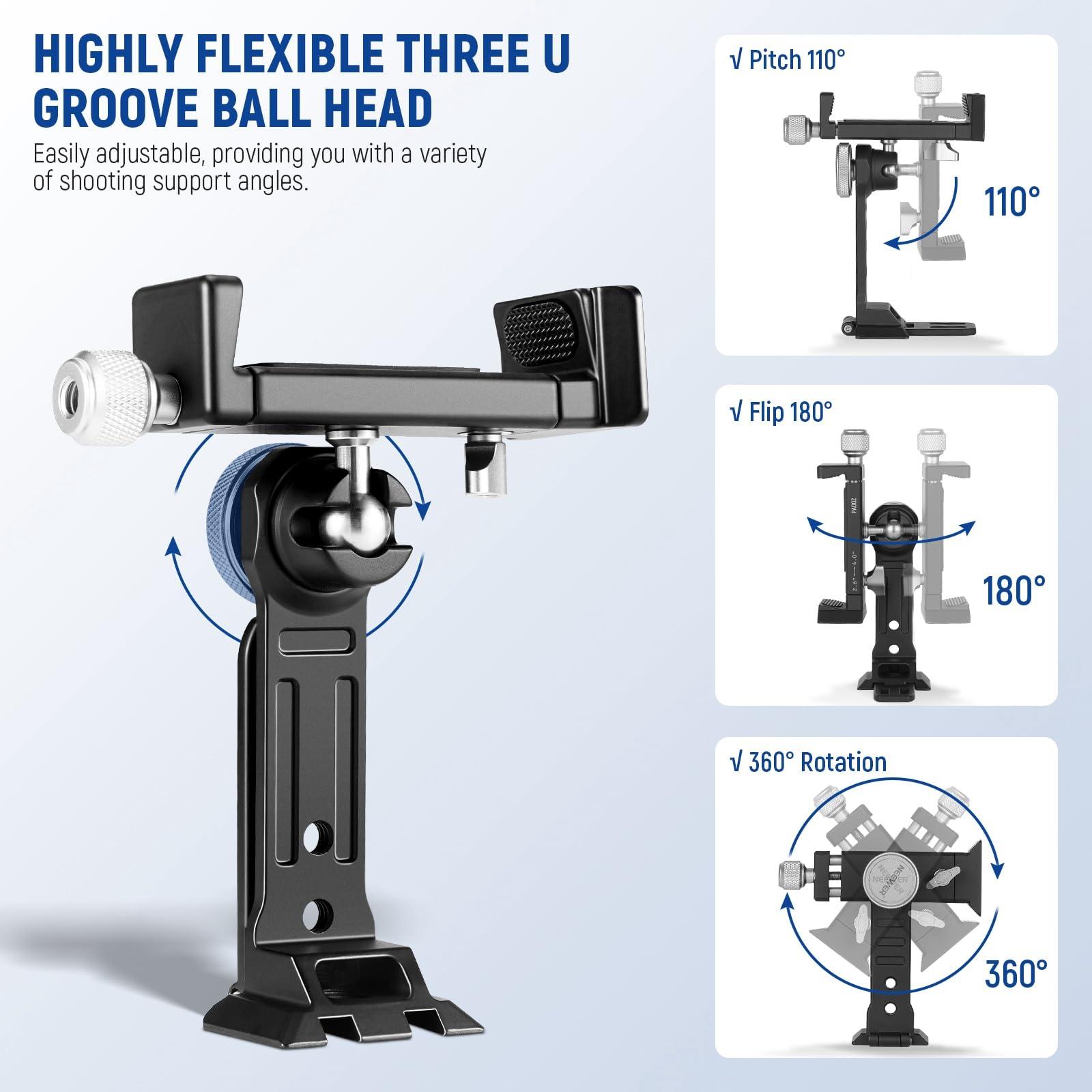 NEEWER Smartphone Tripod Mount Aluminum Alloy, 360° Rotatable Phone Stand Holder Clamp with Cold Shoe and Arca Base Compatible with iPhone 15 Pro Max Galaxy S24 Ultra Pixel & 2.6"-4" Wide Smartphones - Image 2