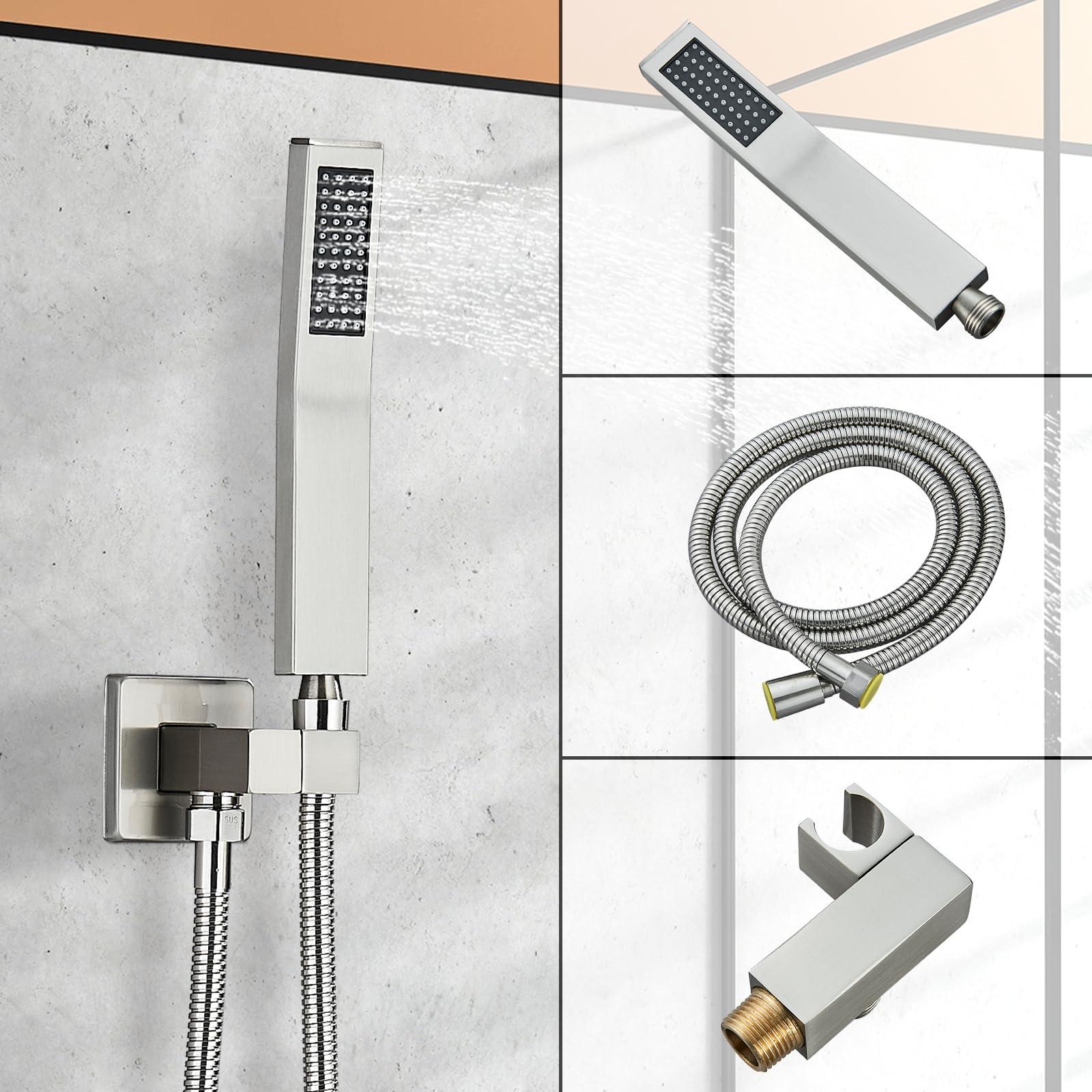 Ackwave Shower Faucet Set Brushed Nickel Shower System with 12 Inches Rain Shower Head and Handheld Sprayer Wall Mounted Shower Fixture Set with Brass Shower Valve - Image 7