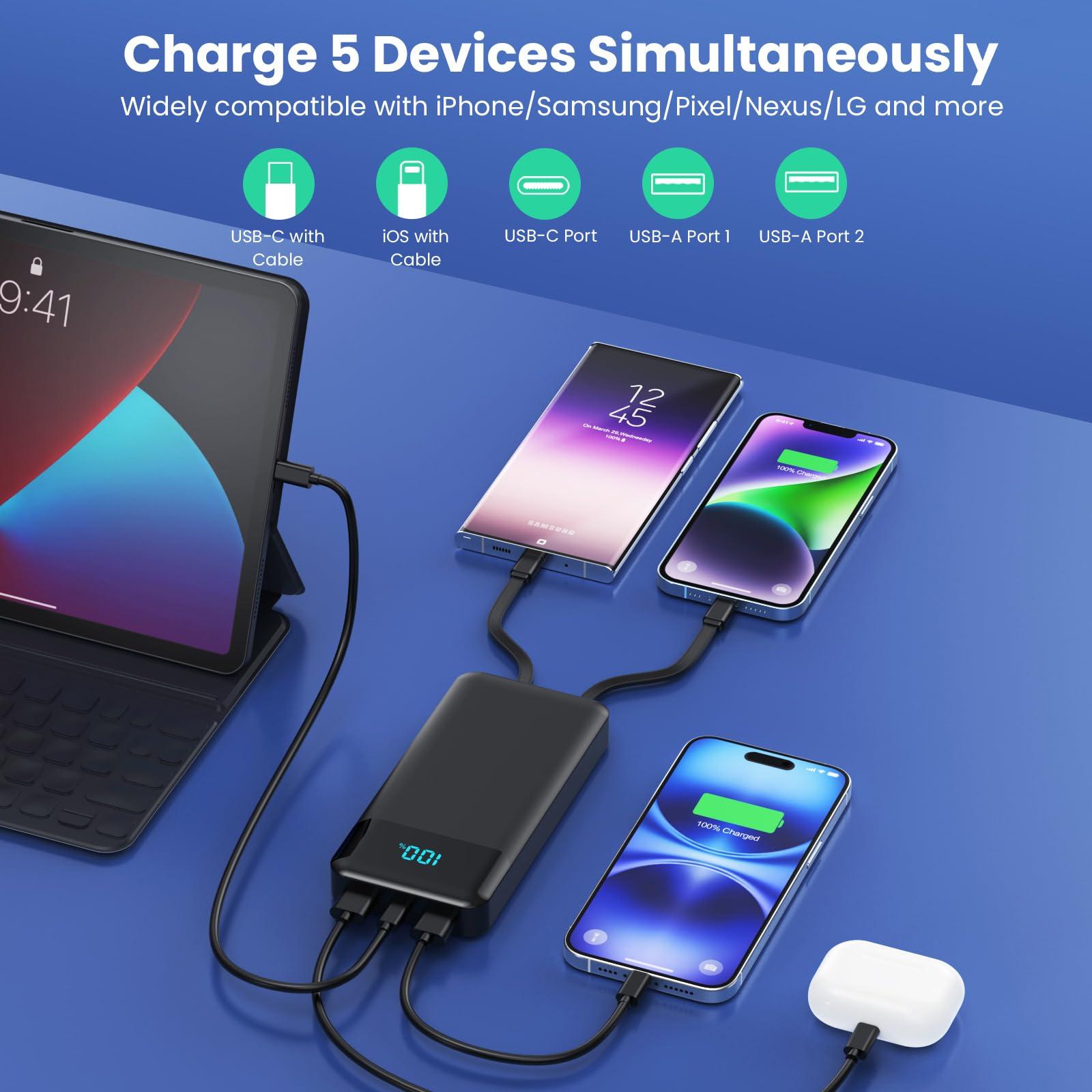 Portable Charger 40800mAh Power Bank with 3 Built-in Cable,25W PD USB C in&Out Power Bank Fast Phone Charging,QC4.0 LED Display Portable Battery Pack Compatible with iPhone 16/15, Galaxy Android-Black - Image 4