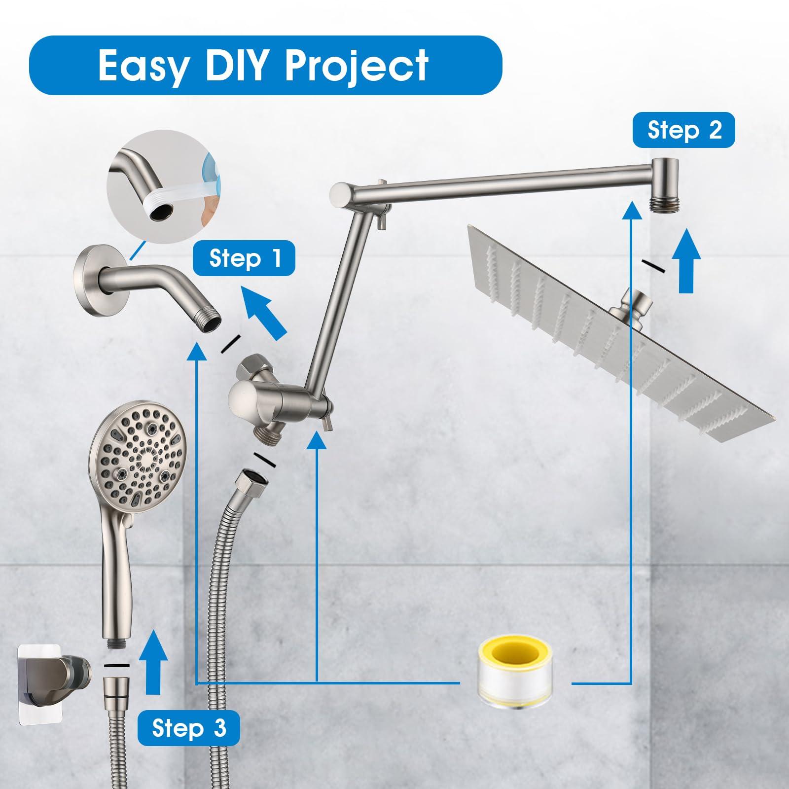 PDPBath 10" Rainfall Shower Head with Handheld Spray, Dual Rain Showerhead with High Pressure 10-Setting Wand Combo, 16" Adjustable Extension Arm Build-in 3-way Diverter, 6ft Hose -Brushed Nickel - Image 6