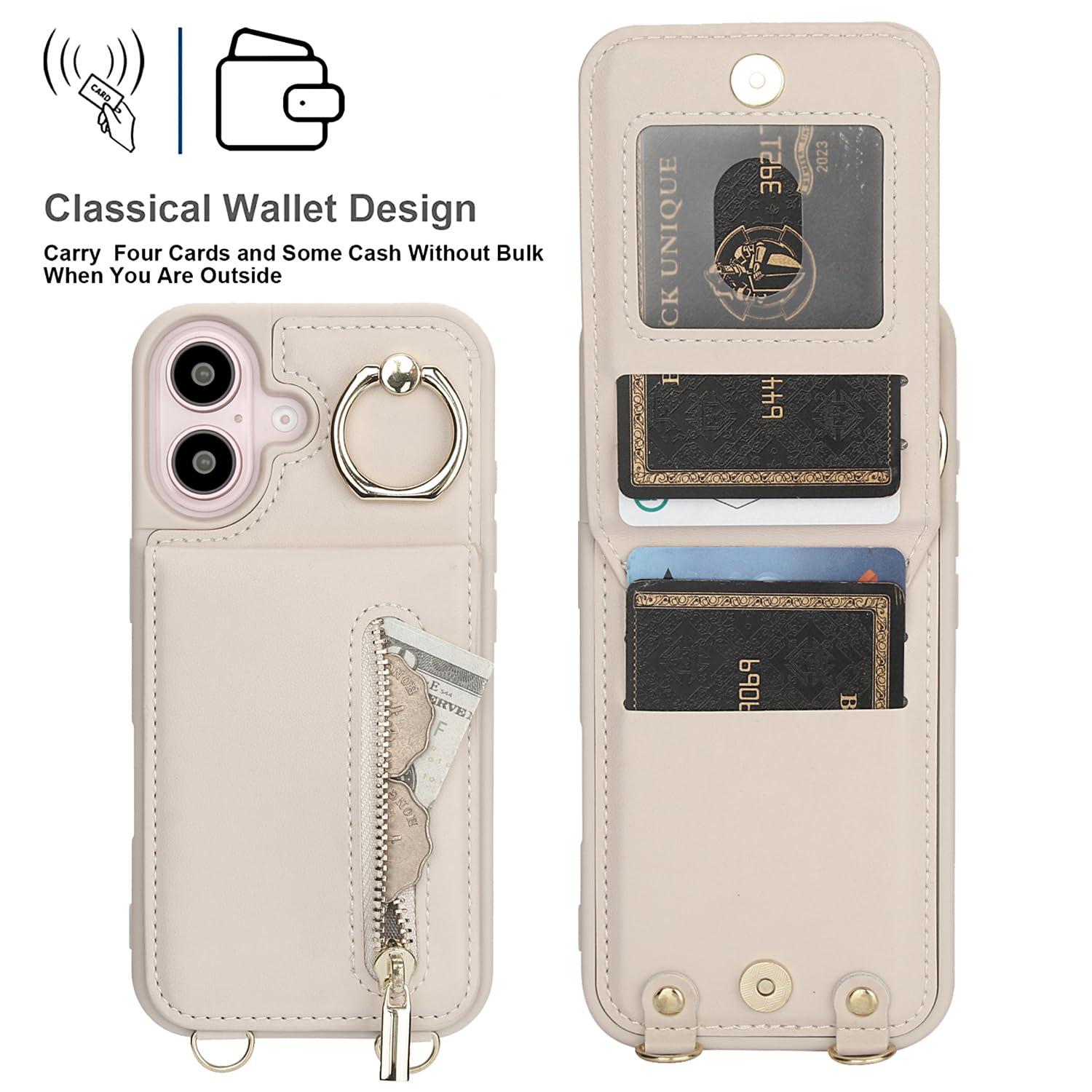 Jcxtrombulous Crossbody Wallet Case for iPhone 16 with Lanyard Strap Card Slot Holder RFID Blocking 360° Ring Kickstand,Magnetic Flip Folio Zipper Purse Case, PU Leather Cover Handbag,Beige - Image 5