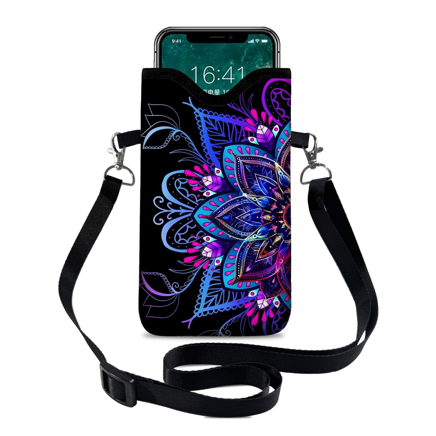 otilil Neoprene Cell Phone Sleeve Pouch Case Bag with Crossbody Strap Neck Lanyard for Women 7.1 X 3.9 in Purple Flower