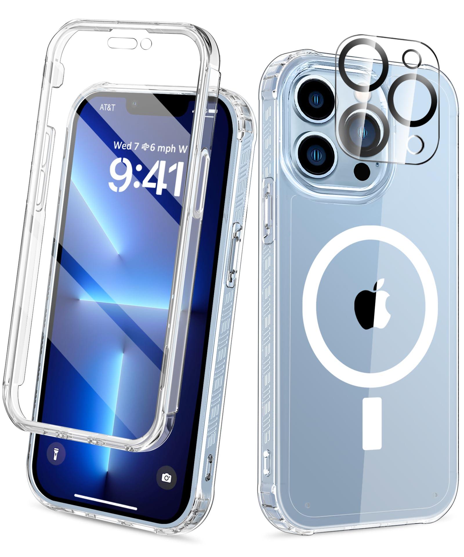 BANLEA Magnetic for iPhone 13 Pro Max Case Full Body, Built-in Screen Protector, with Camera Lens Protector, [Anti-Yellowing] Protective Shockproof Phone Case, Bumper Rugged Cover 6.7 Inch (Clear)