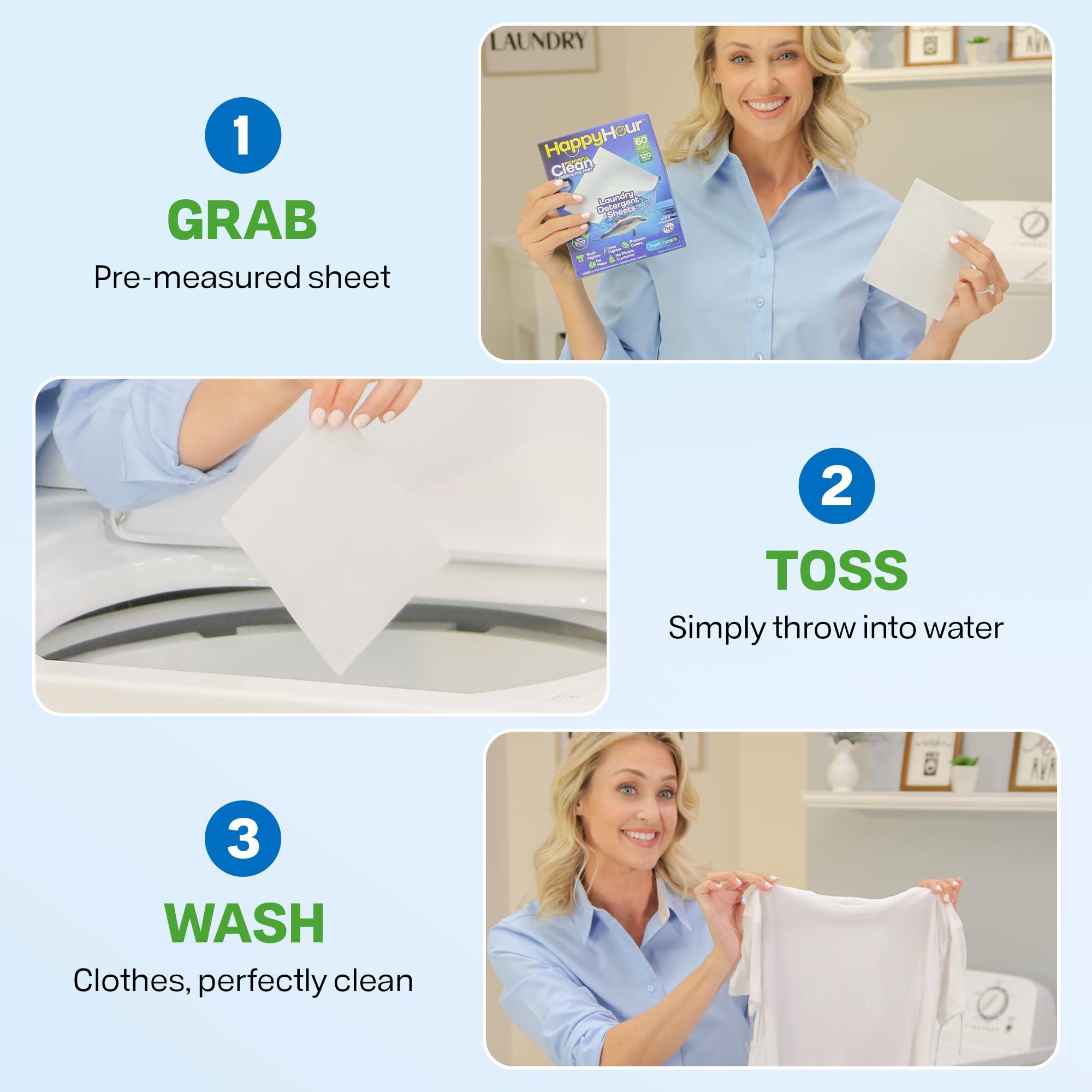 HAPPY HOUR Laundry Detergent Sheets Value Pack with up to 120 Loads, Non Toxic Laundry Sheets Detergent Soap for Sensitive Skin, Recyclable Eco Friendly, Perfect for Travel - Fresh Scent - Image 8