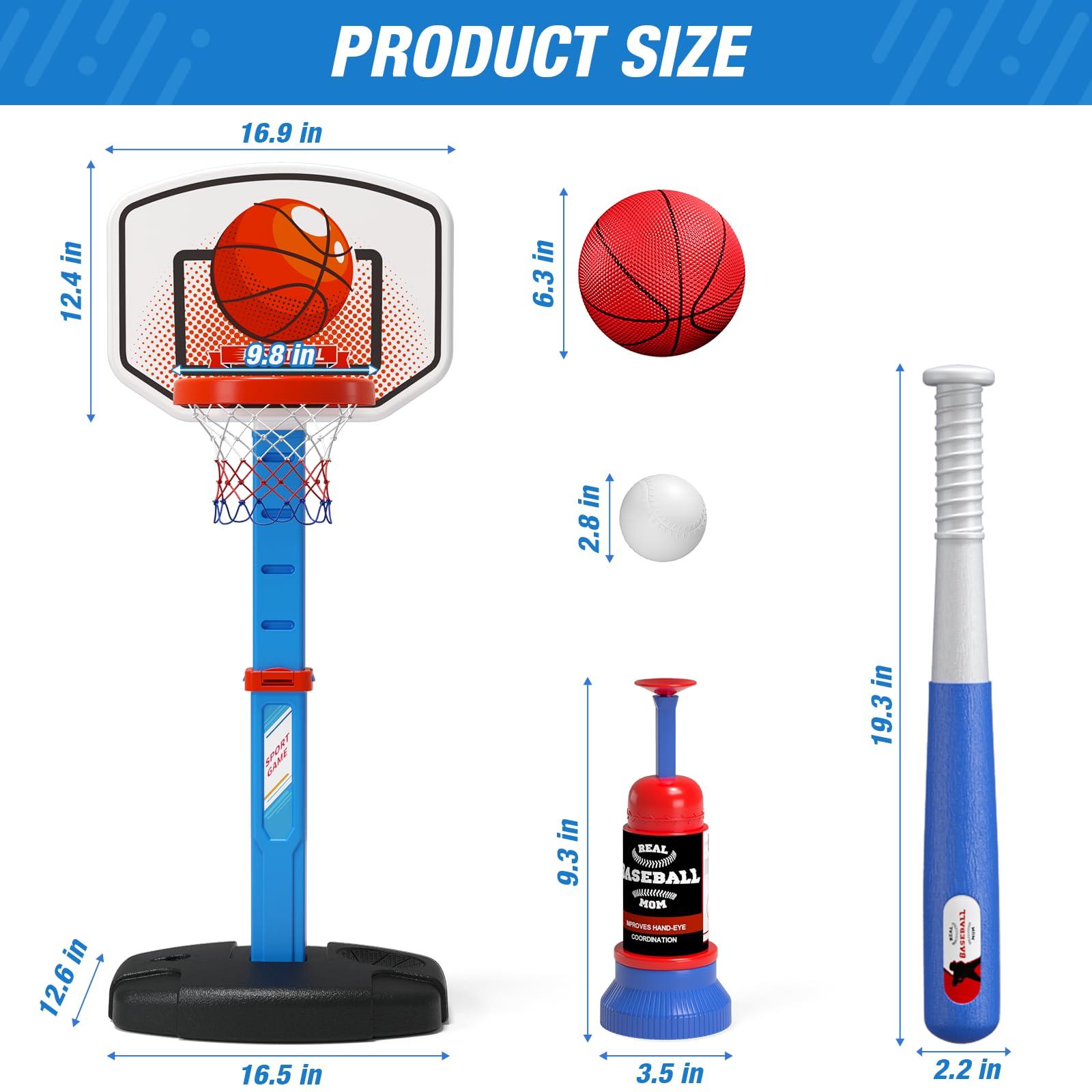 HYES 2 in 1 Kids Basketball Hoop and T Ball Set - Adjustable Height, Kids Baseball Tee with Automatic Pitching Machine, Indoor Outdoor Sport Toys Gifts for Toddler Boys Girls Age 1-5, Blue - Image 2