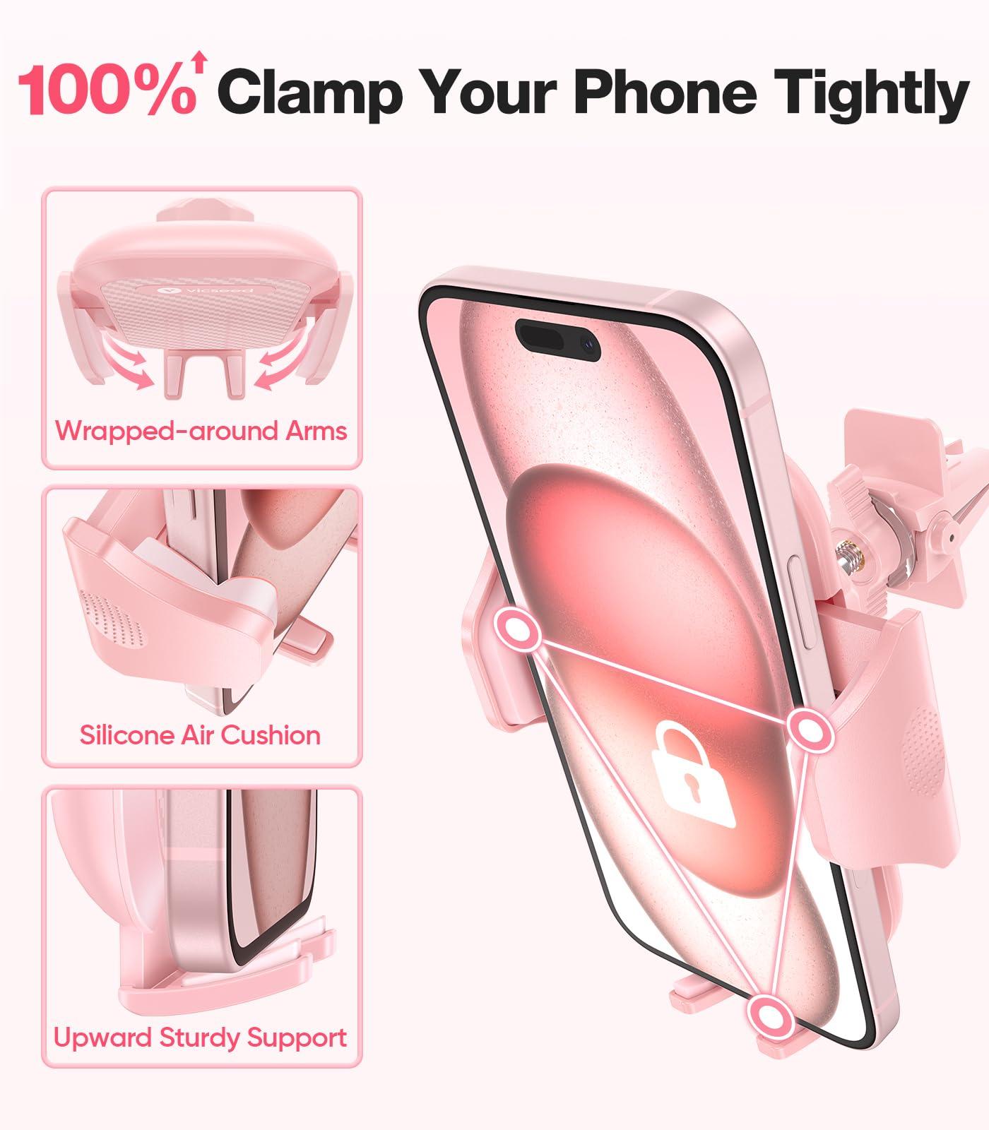 VICSEED Pink Phone Holder for Your Car [ Sturdy & Secure ] Air Vent Phone Mount for Car Hands Free Easy Clamp Cradle in Vehicle for iPhone Samsung Android Smartphone, Pink Car Accessories - Image 2