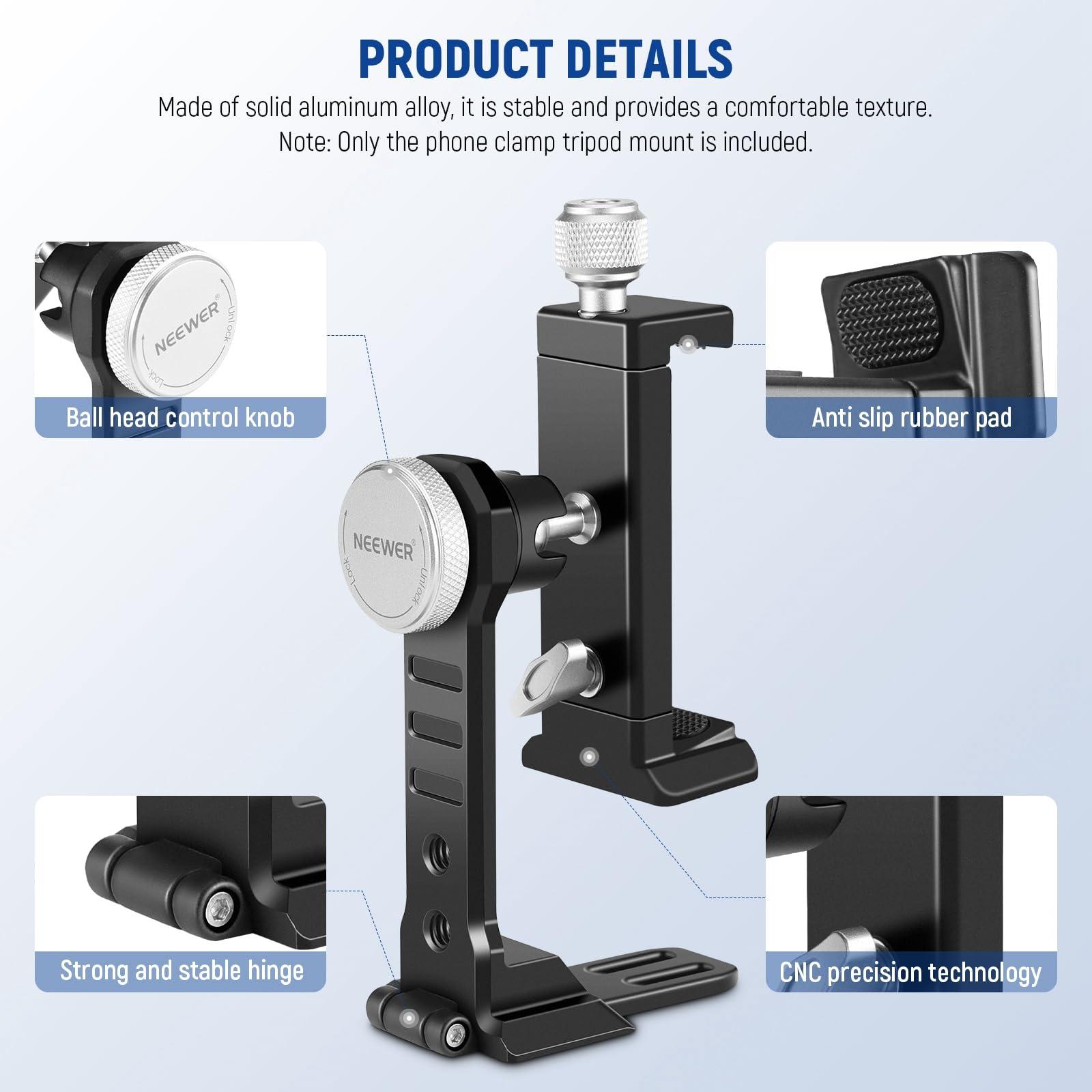 NEEWER Smartphone Tripod Mount Aluminum Alloy, 360° Rotatable Phone Stand Holder Clamp with Cold Shoe and Arca Base Compatible with iPhone 15 Pro Max Galaxy S24 Ultra Pixel & 2.6"-4" Wide Smartphones - Image 7