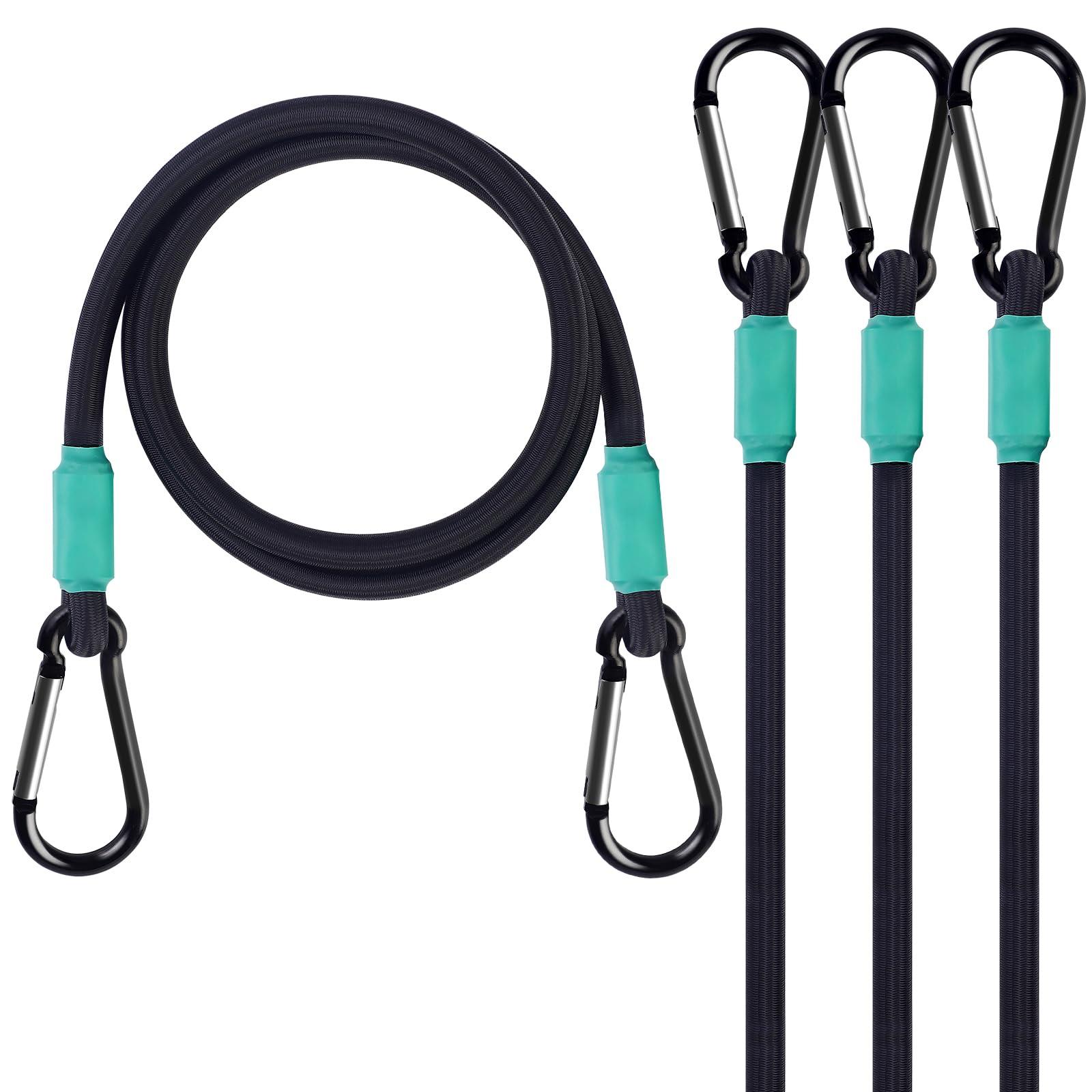 Joneaz Black Bungee Cords with Hooks 36 inch Heavy Duty, 4-Piece Carabiners Style, 5/16 inch Diameter Cord with Nylon Fiber, UV Resistant