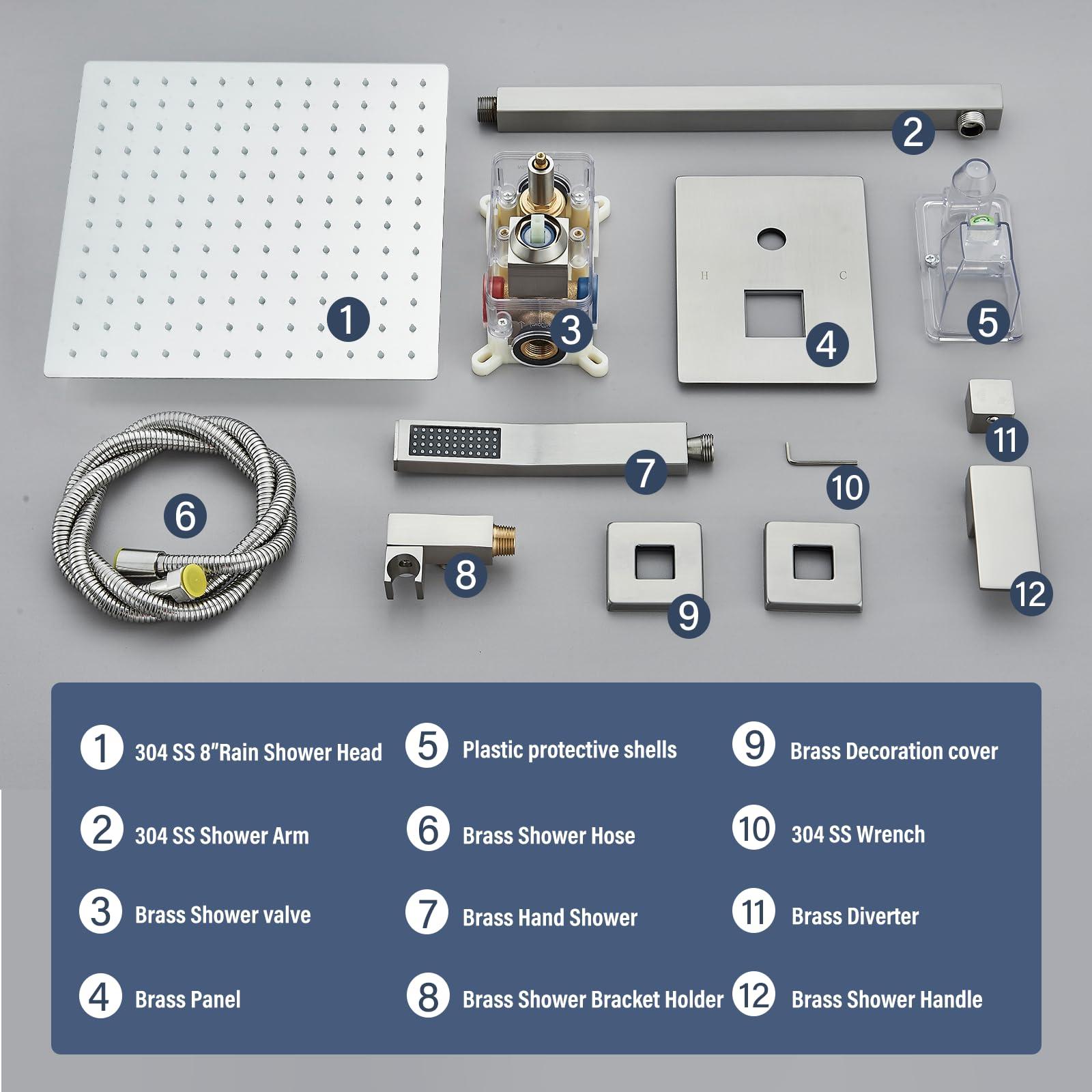 Ackwave Shower Faucet Set Brushed Nickel Shower System with 12 Inches Rain Shower Head and Handheld Sprayer Wall Mounted Shower Fixture Set with Brass Shower Valve - Image 8