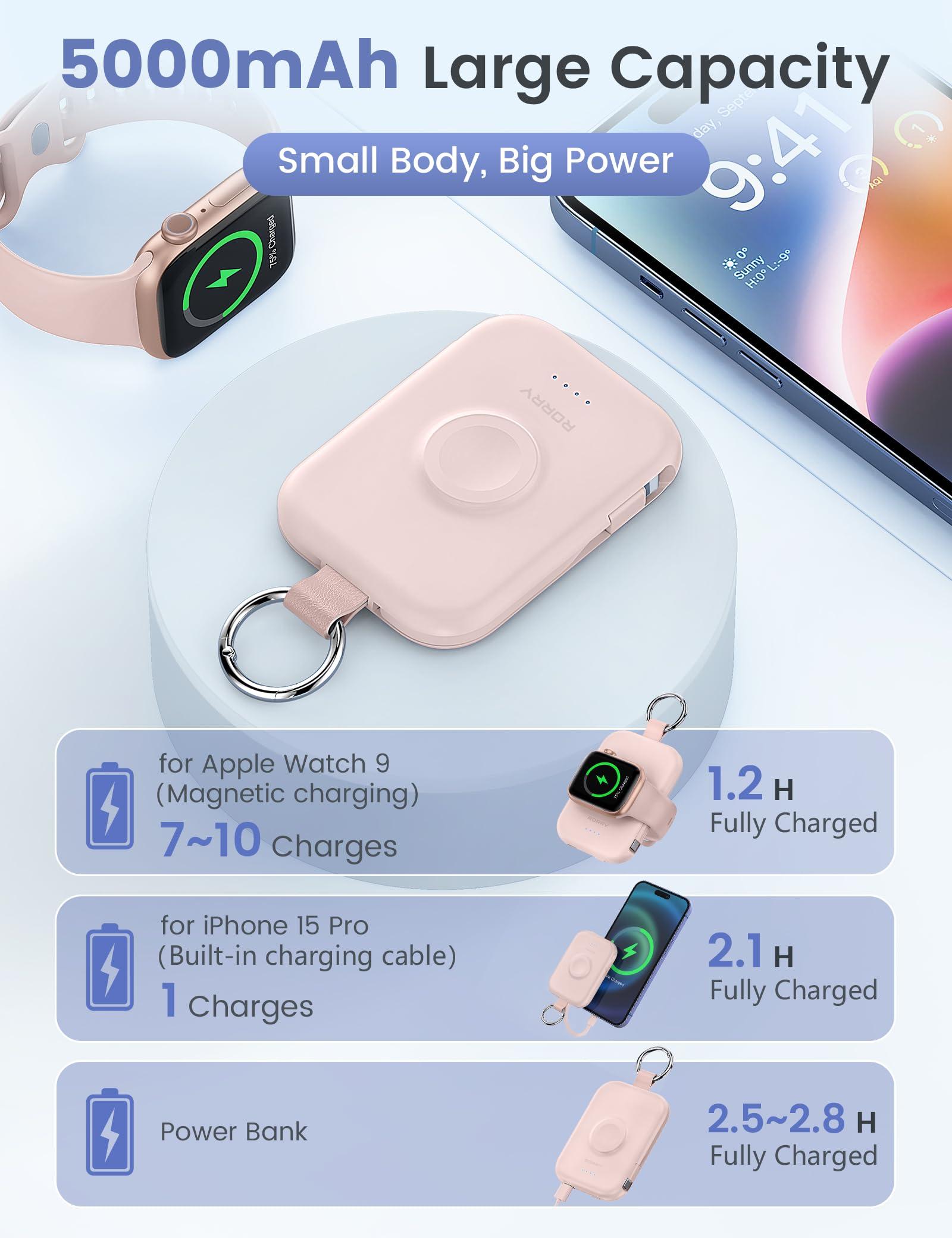 RORRY Portable Charger, 5000mAh Portable Charger Power Bank with Built-in Cables, Travel Keychain Battery Pack for Apple Watch Ultra 2/10/9/8/Ultra/7/6/SE/5, iPhone 16/15/14/13/12, Pink - Image 3