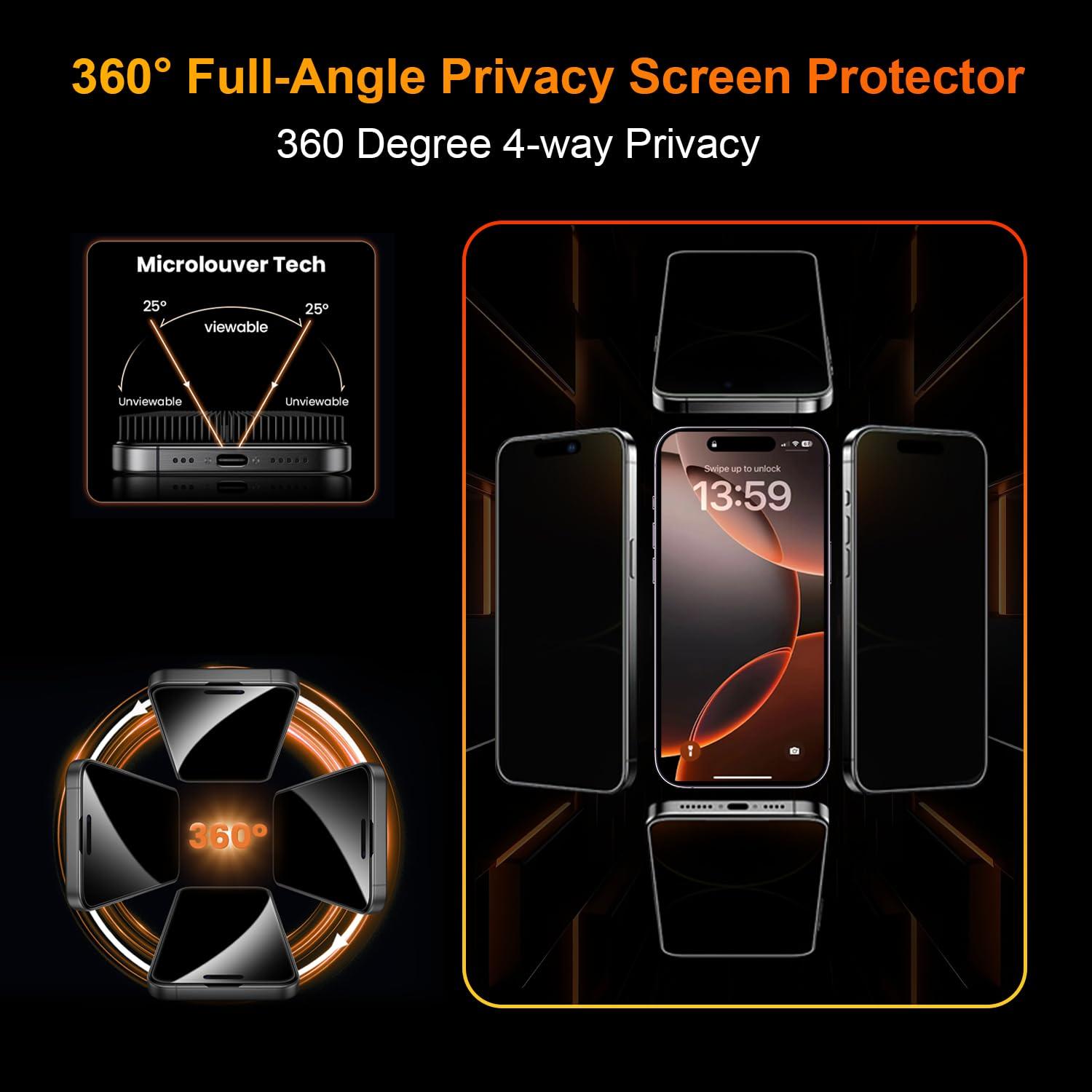 OneFish 2 Pack Privacy Screen Protector for iPhone 15 Pro Max - 4-Way 360° Anti-Spy Tempered Glass, 9H Hardness, 3D Curved Edges, Case-Friendly & Easy Installation - Image 2