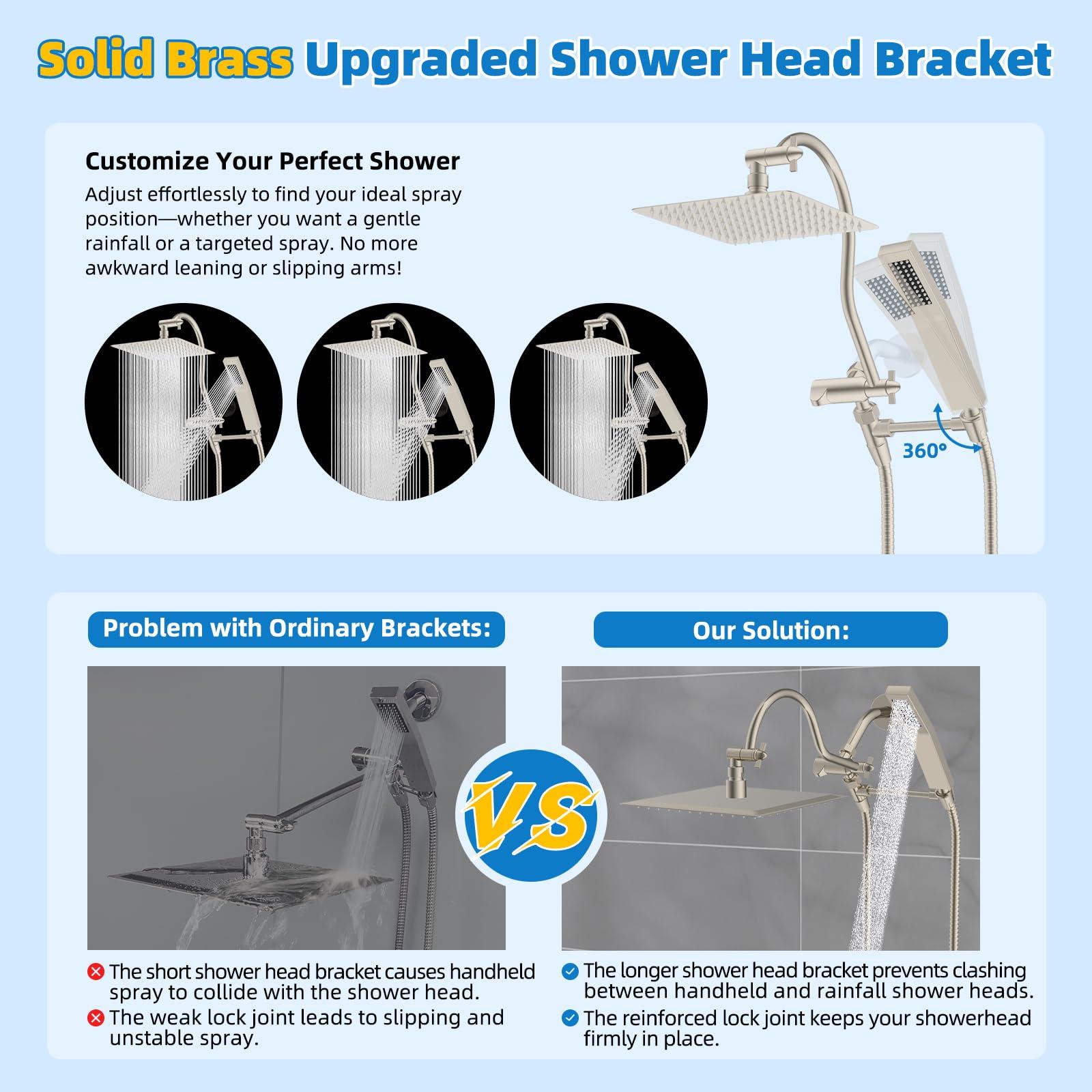 Hibbent All Metal Shower Head, 10'' High Pressure Rainfall Shower Head, Showerhead Combo, Handheld Shower Wand, 12'' Adjustable Curved Extension Arm, 71'' Hose, Shower Head Holder, Brushed Nickel - Image 4
