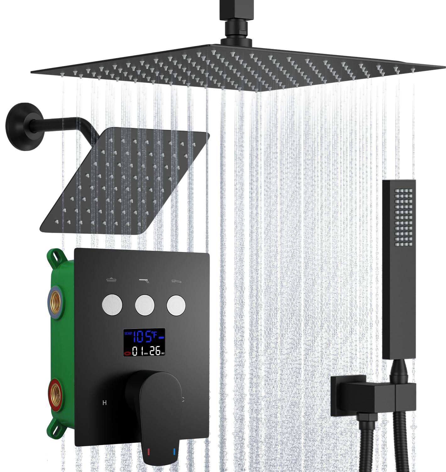 WHSHOWER Dual Shower Heads Shower System with 12 Inch Ceiling Rainfall Shower Head and 8 Inch Side Shower Head Digital Display Shower Fixtures Luxury Shower Faucet Set,Matte Black