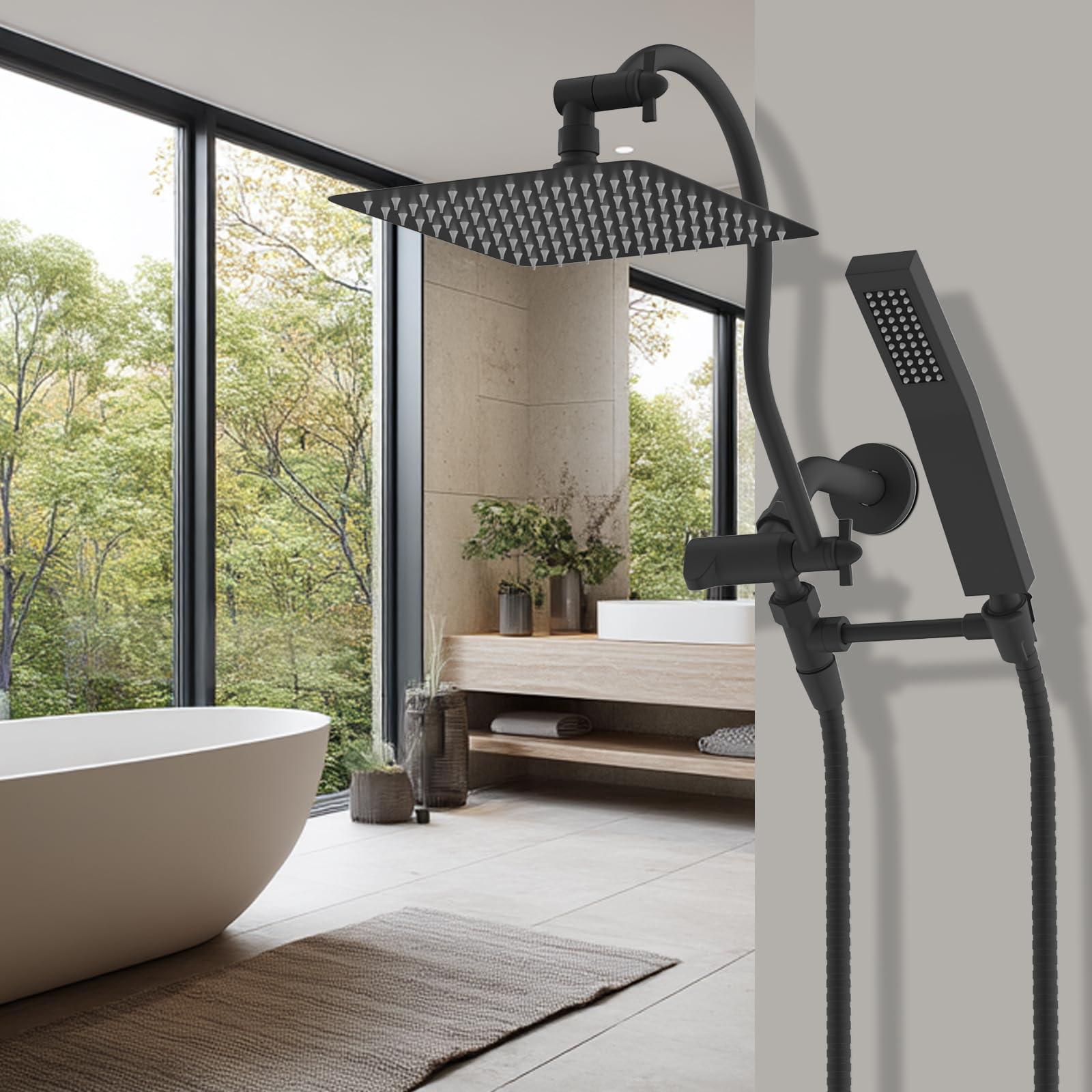 Hibbent All Metal Shower Head, 10'' High Pressure Rainfall Shower Head, Showerhead Combo, Handheld Shower Wand, 12'' Adjustable Curved Shower Extension Arm, 71'' Hose, Shower Head Holder, Matte Black - Image 2