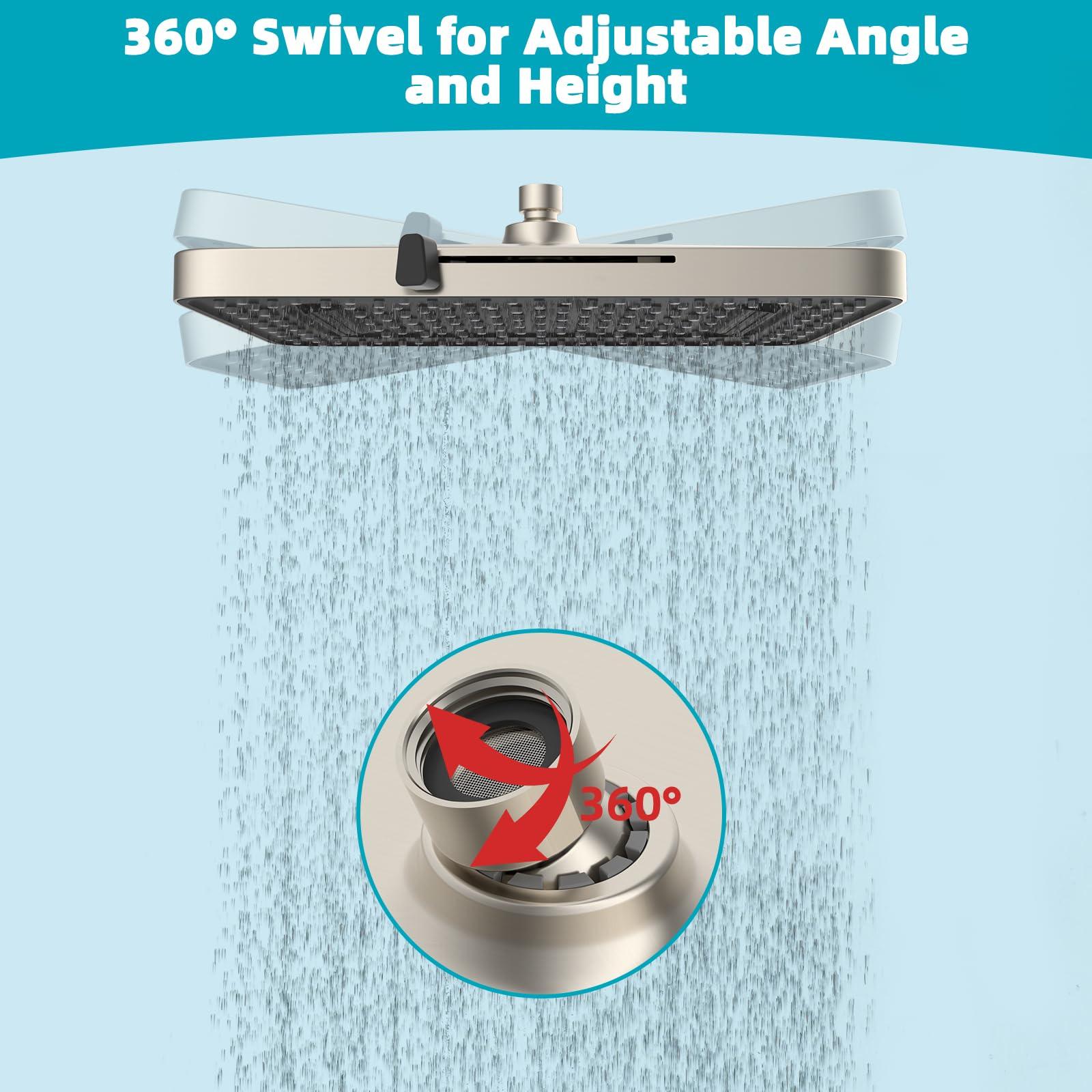 Hibbent 5 Spray Modes Shower Head, 13'' High Pressure Rain Shower Head, Large Rainfall Showerhead, High Flow Waterfall Bathroom Fixed Showerheads, Adjustable Swivel Ball Joint, Brushed Nickel - Image 7