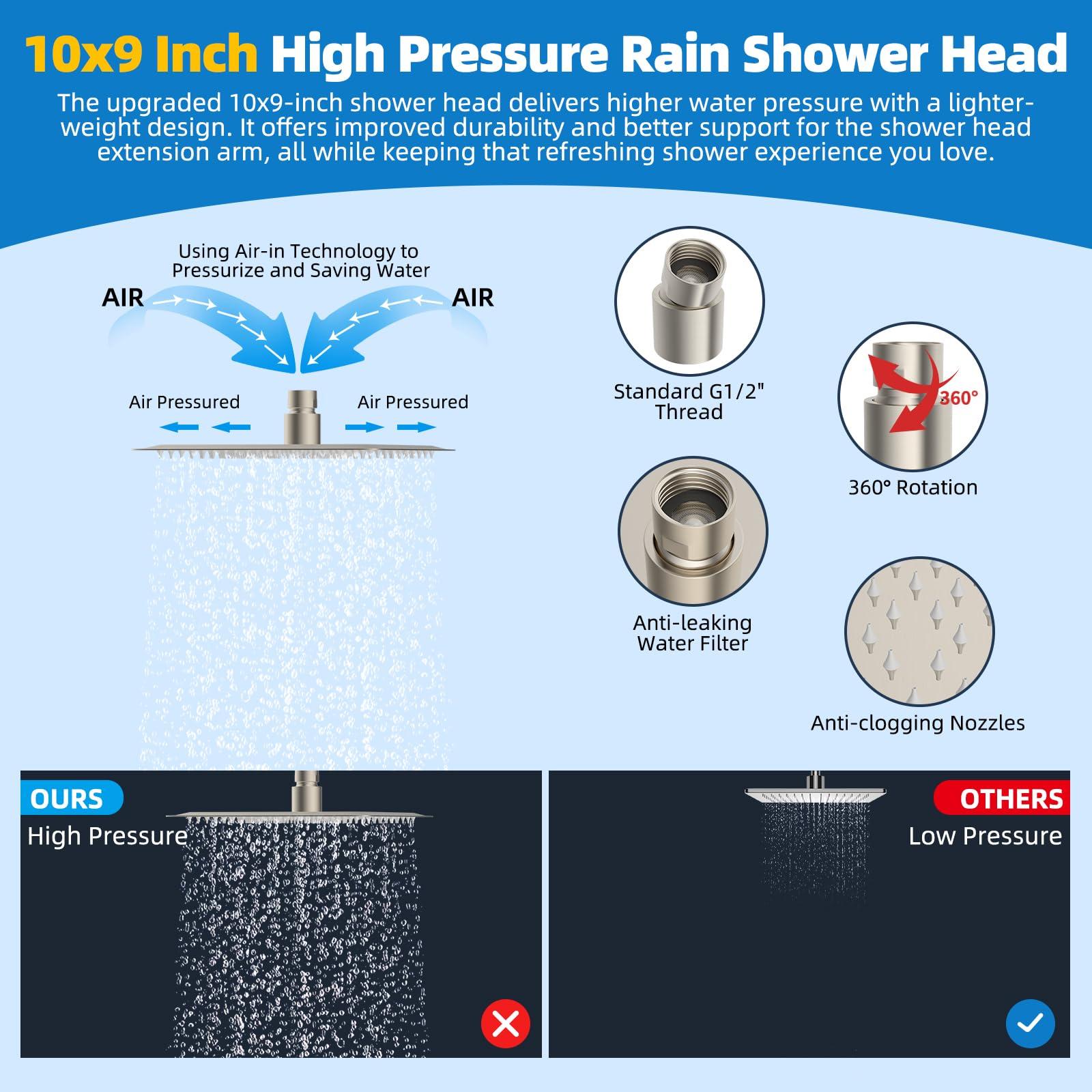 Hibbent All Metal Shower Head, 10'' High Pressure Rainfall Shower Head, Showerhead Combo, Handheld Shower Wand, 12'' Adjustable Curved Extension Arm, 71'' Hose, Shower Head Holder, Brushed Nickel - Image 6