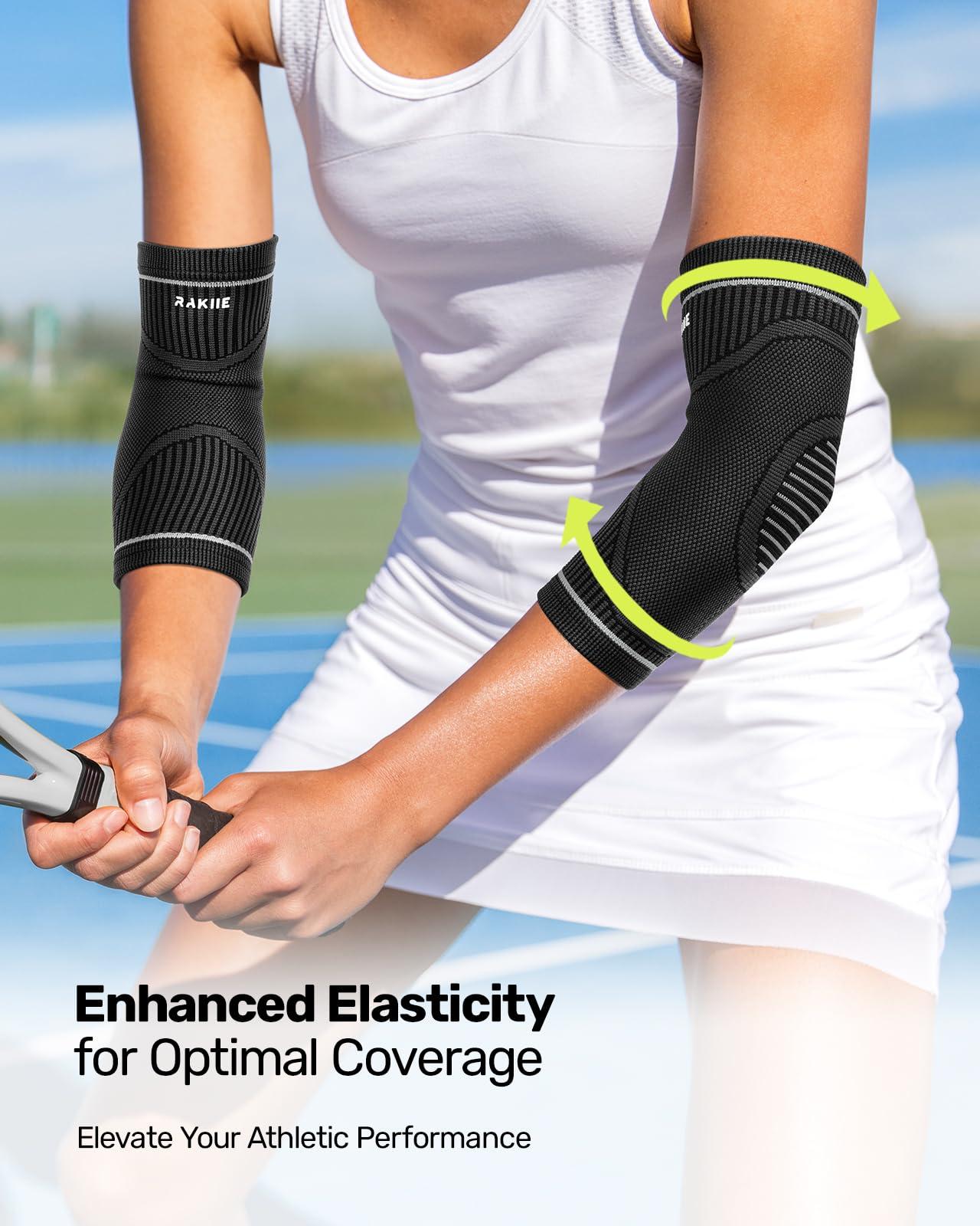 Rakiie Elbow Compression Sleeve 2 Pack, High Elastic Elbow Brace for Tendonitis and Tennis Elbow for Women & Men, Elbow Sleeve for Tennis, Golfer, Badminton, Weightlifting, Black M - Image 2