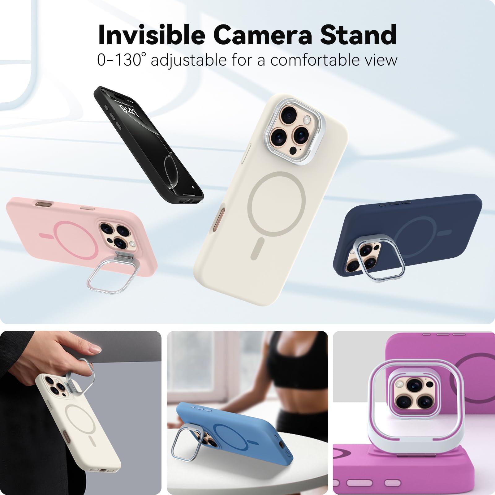Vanxiliiy for iPhone 16 Pro Max Liquid Silicone Case with Invisible Camera Ring Stand Compatible with Magsafe, Slim Metal Buttons Anti-Impact Magnetic Protective Case for iPhone 16 Pro Max 6.9", Pink - Image 4