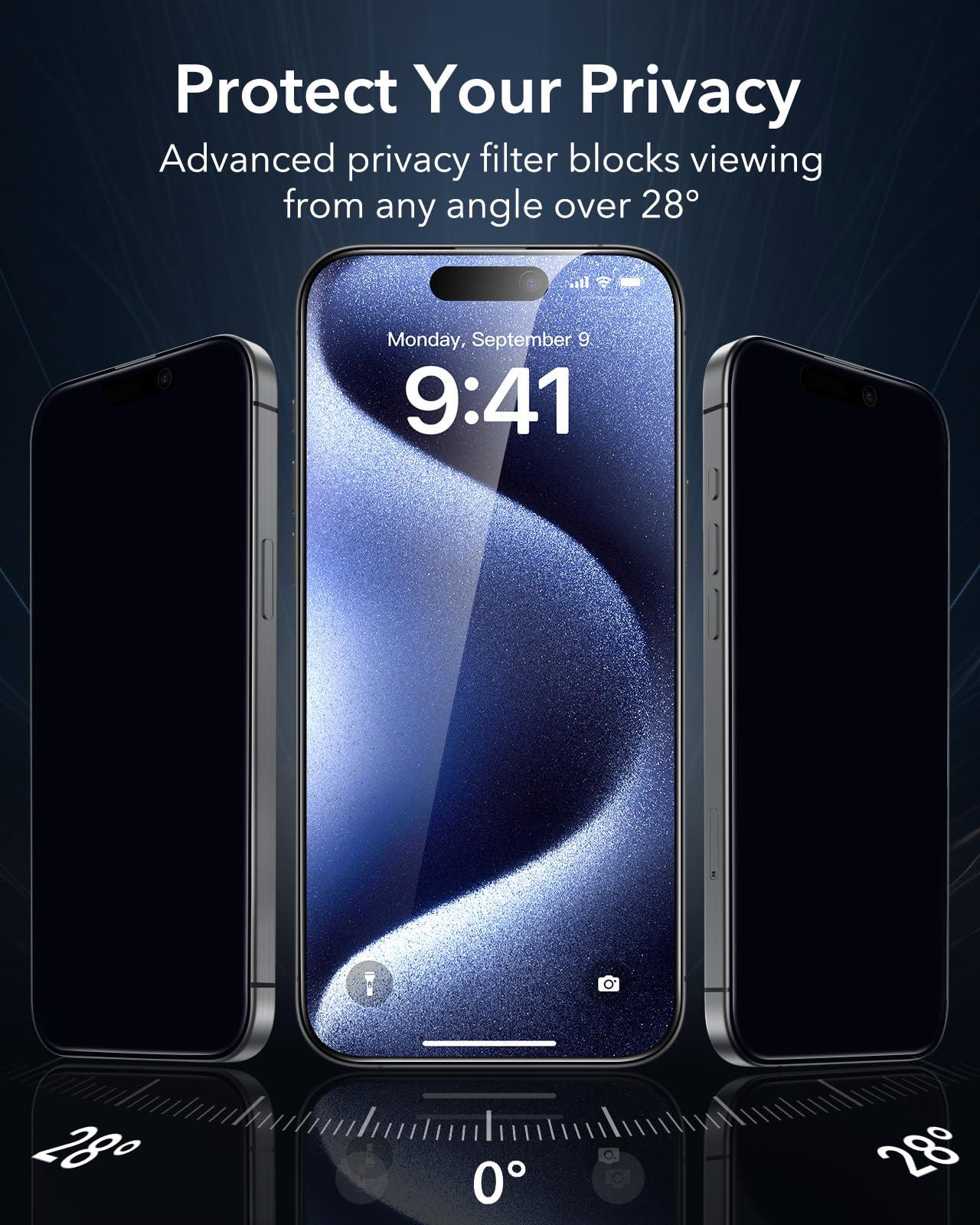 ESR 3 Pack 9H+ Glass for iPhone 15 Pro Max Privacy Screen Protector, [Military Grade Shatterproof & Longest Durable] Armorite Anti-spy Tempered Glass with UltraFit Tray - Image 3