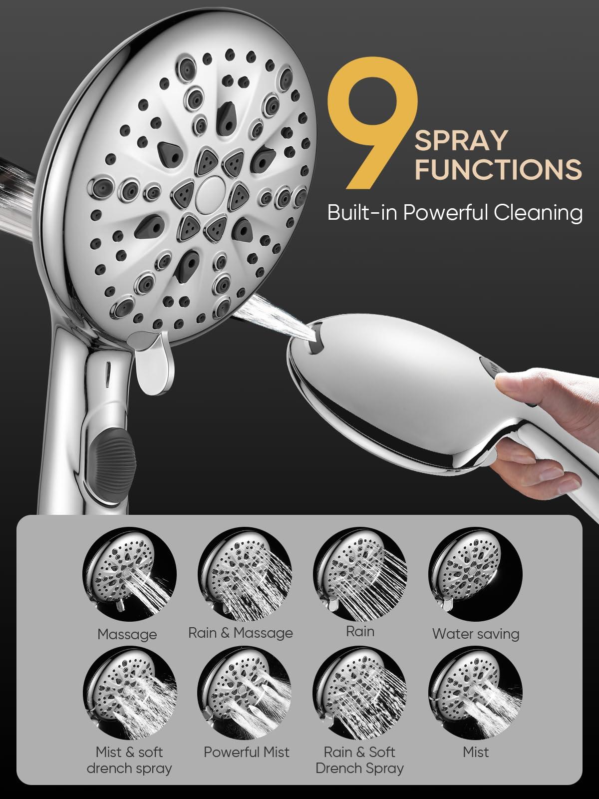 Cobbe High Pressure 9 Functions Shower Head with handheld - Luxury Modern Chrome Look, Built-in Power Spray to Clean Corner, Tub and Pets, Stainless Steel Hose Adjustable Bracket, Chrome - Image 5