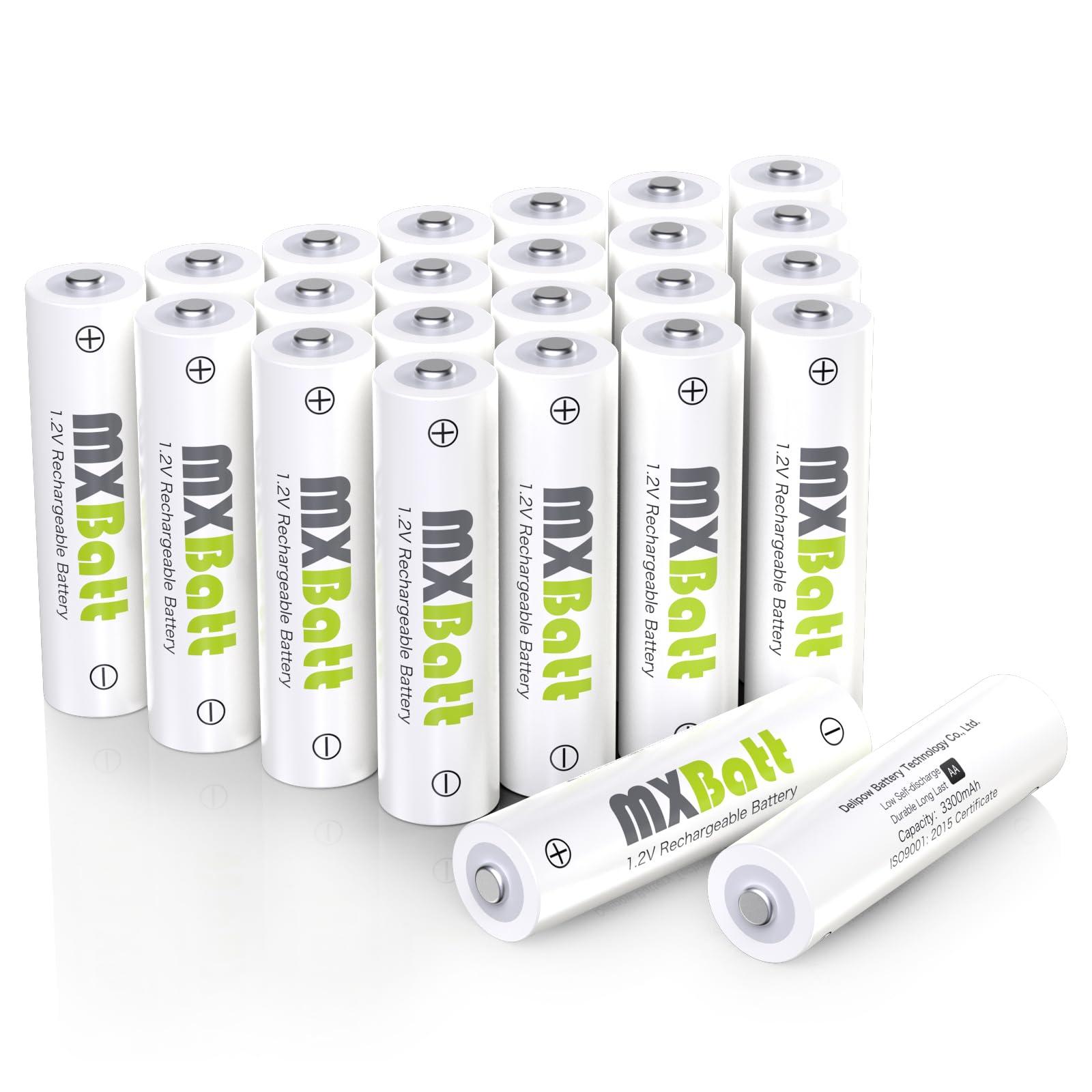 MXBatt Rechargeable AA Batteries Pre Charged High Capacity 3300mAh NiMH Double A Battery 1.2V Low Self Discharge Pack of 24, for Cordless Phones, Home Security, Household, Business Devices