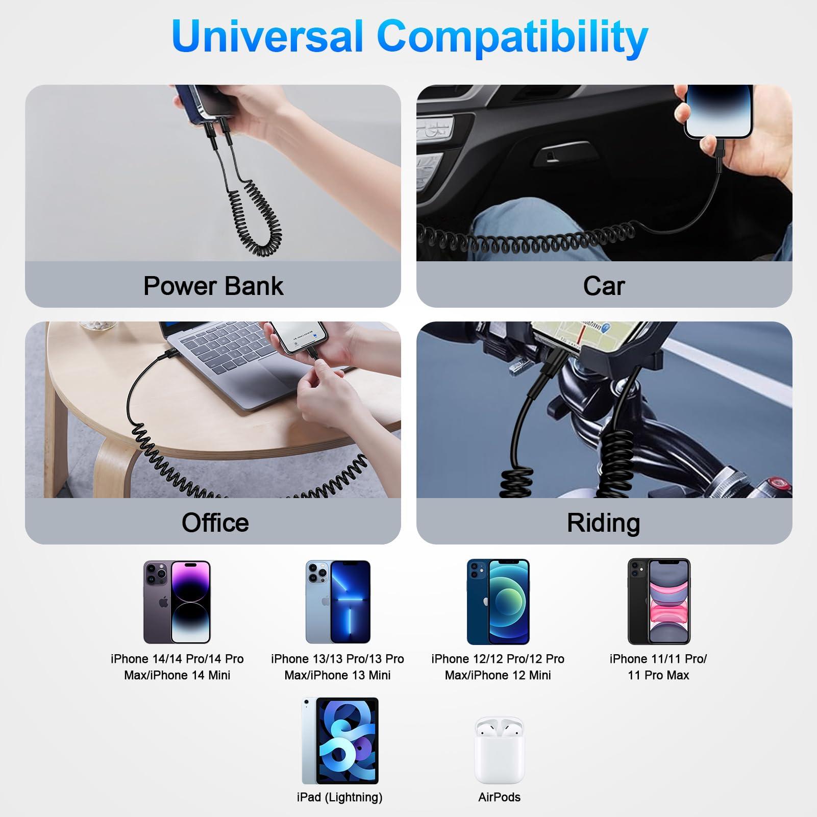 Coiled Lightning Cable Fast Charging Compatible for iPhone 14 13 12 11 Pro Max XR XS X 8 7 6 Plus SE iPad iPod [Apple MFi Certified],2Pack/3FT iPhone Charger Cord Short Car Charger Carplay Retractable - Image 7