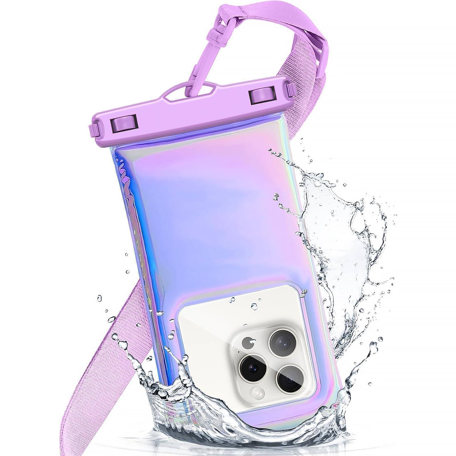 Foweroty Floatable Waterproof Phone Pouch Case for iPhone 16 Pro Max/15/14/13/12, IP68 Travel Cellphone Dry Bag Beach Cruise Ship Essentials Bags with Crossbody Lanyard, Iridescent Purple-7″
