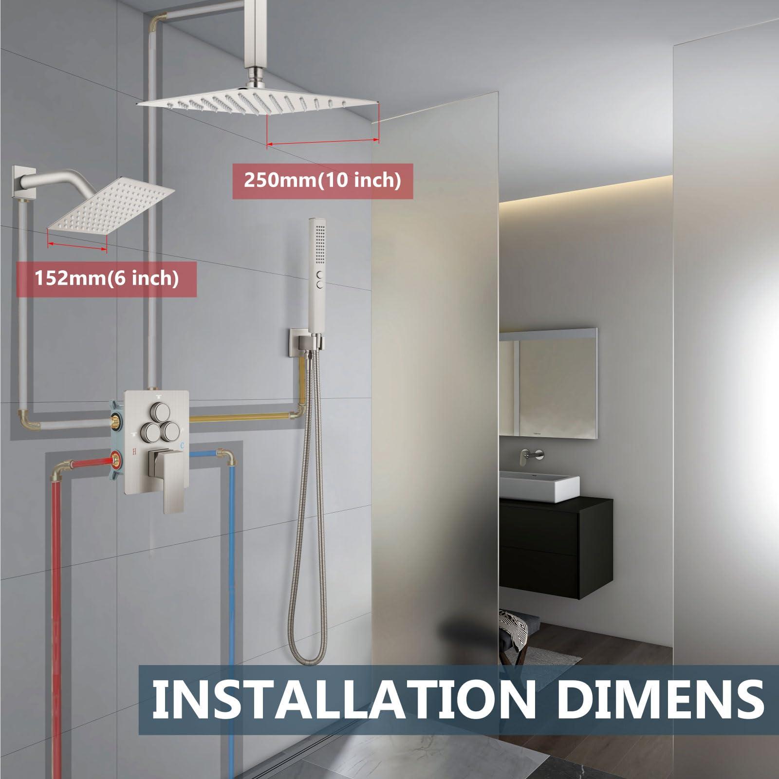 Aolemi Shower Faucet Set Ceiling Mount Shower System Rough-in Valve and Shower Trim Kit 10 and 6 Inch Dual Shower Head 2 in 1 Handheld Spray Push Button Diverter Brushed Nickel - Image 9