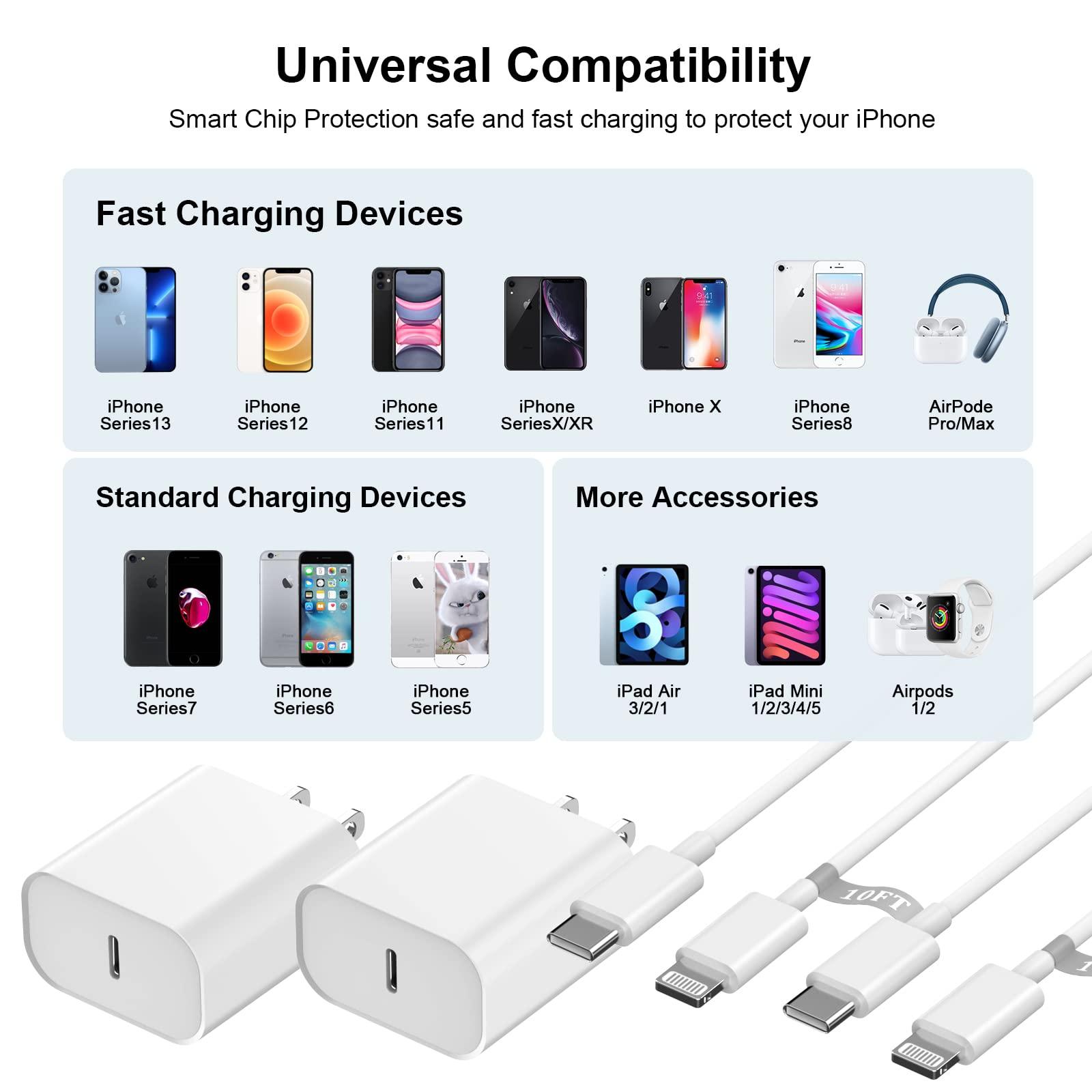 iPhone 14 13 12 Fast Charger,[MFi Certified] 20W USB C Fast Charger Wall Charger Block Plug Adapter with 10FT Long Type-C to Lightning Fast Charging Data Sync Cord for iPhone14 13 12 11 Xs Xr X(3Pack) - Image 6
