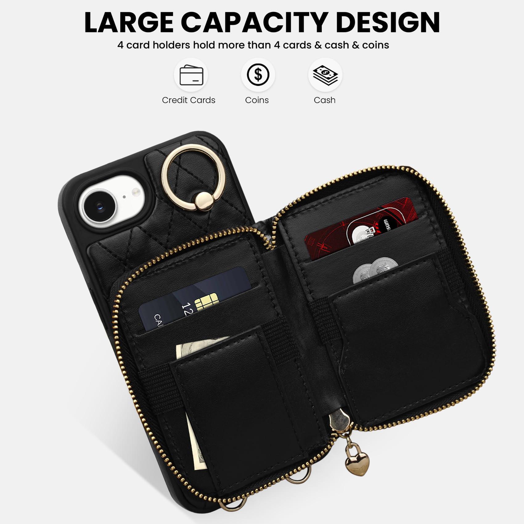 Keallce for iPhone 16e 6.1'' Wallet Case, Crossbody Zipper Purse with Wristlet for Women, RFID Blocking Card Holders, 360° Ring Kickstand Flip Leather Case for iPhone 16e 2025, Black - Image 2